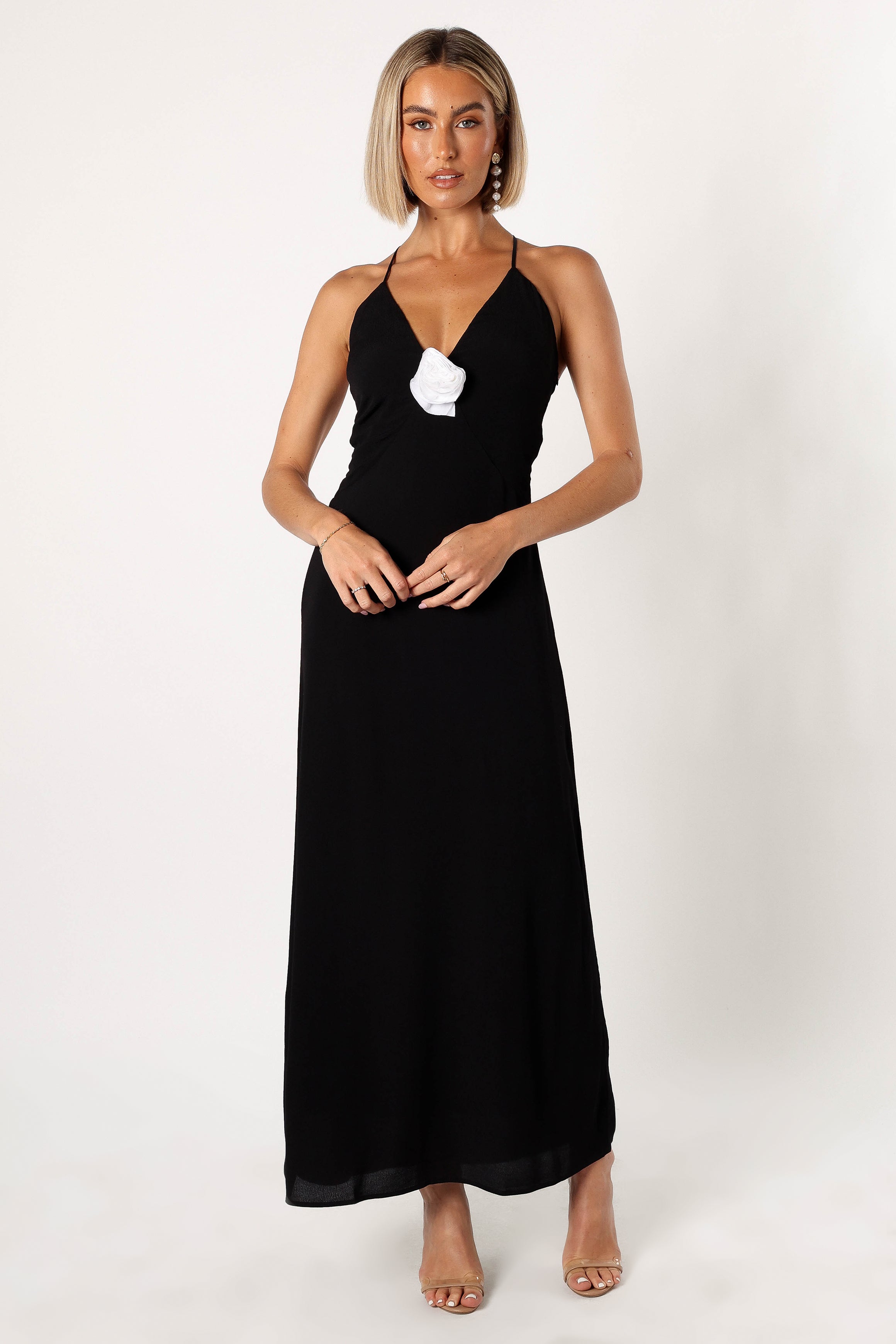 Florence Rosette Trim Maxi Dress - Elegant Black Floral Lace Evening Gown for Women | Perfect for Weddings, Parties & Special Occasions