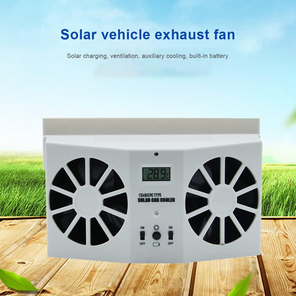 Solar Powered Car Window Fan - Universal Front/Rear Window Ventilation Cooler with Exhaust Radiator - Eliminates Odors & Keeps Car Cool (White) - Perfect for Hot Days, Road Trips & Parking in the Sun