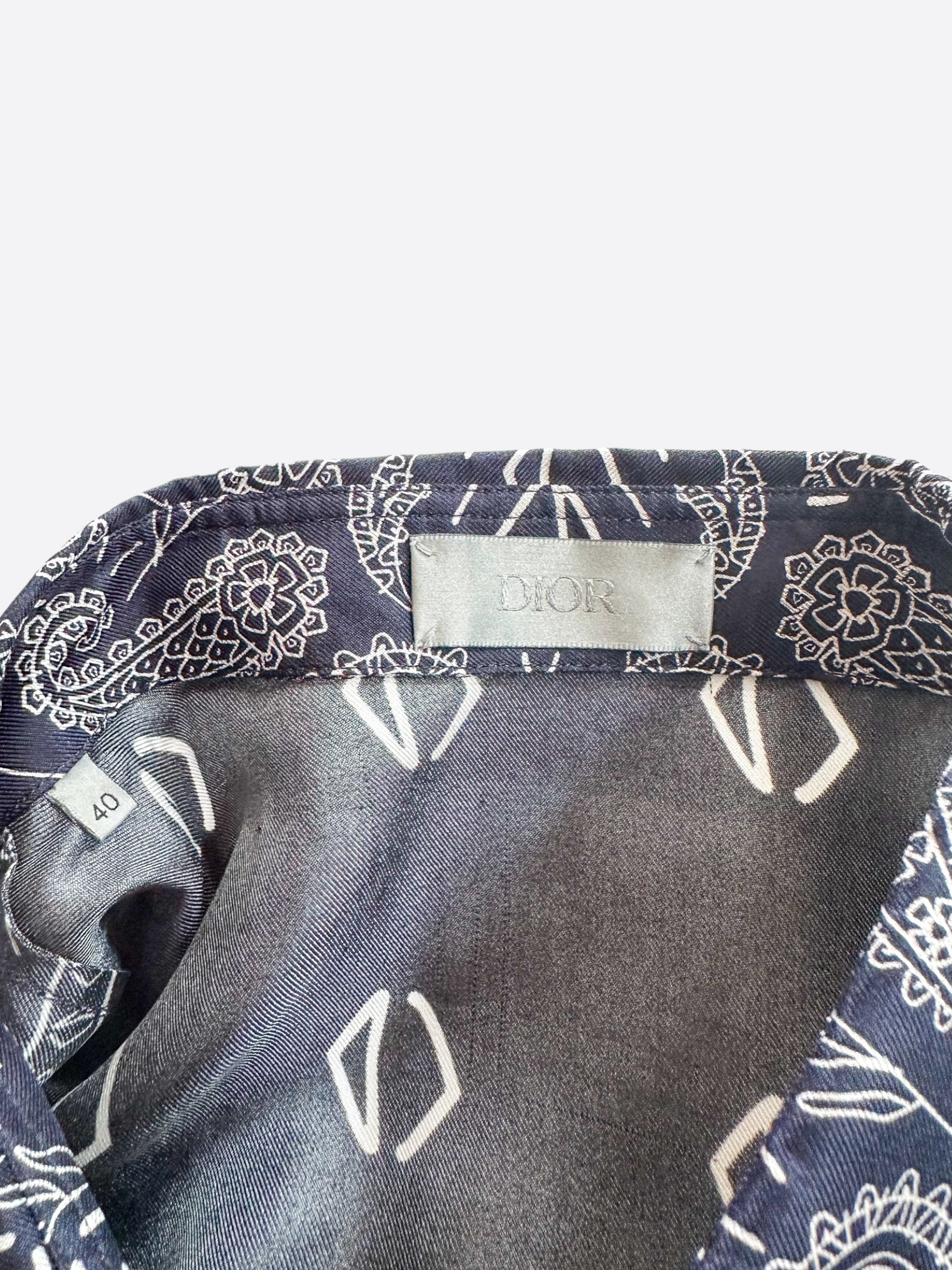 Dior Cactus Jack Navy & White Diamond Bandana Print Silk Button Up Shirt for Men - Luxury Designer Casual Wear for Parties & Special Occasions