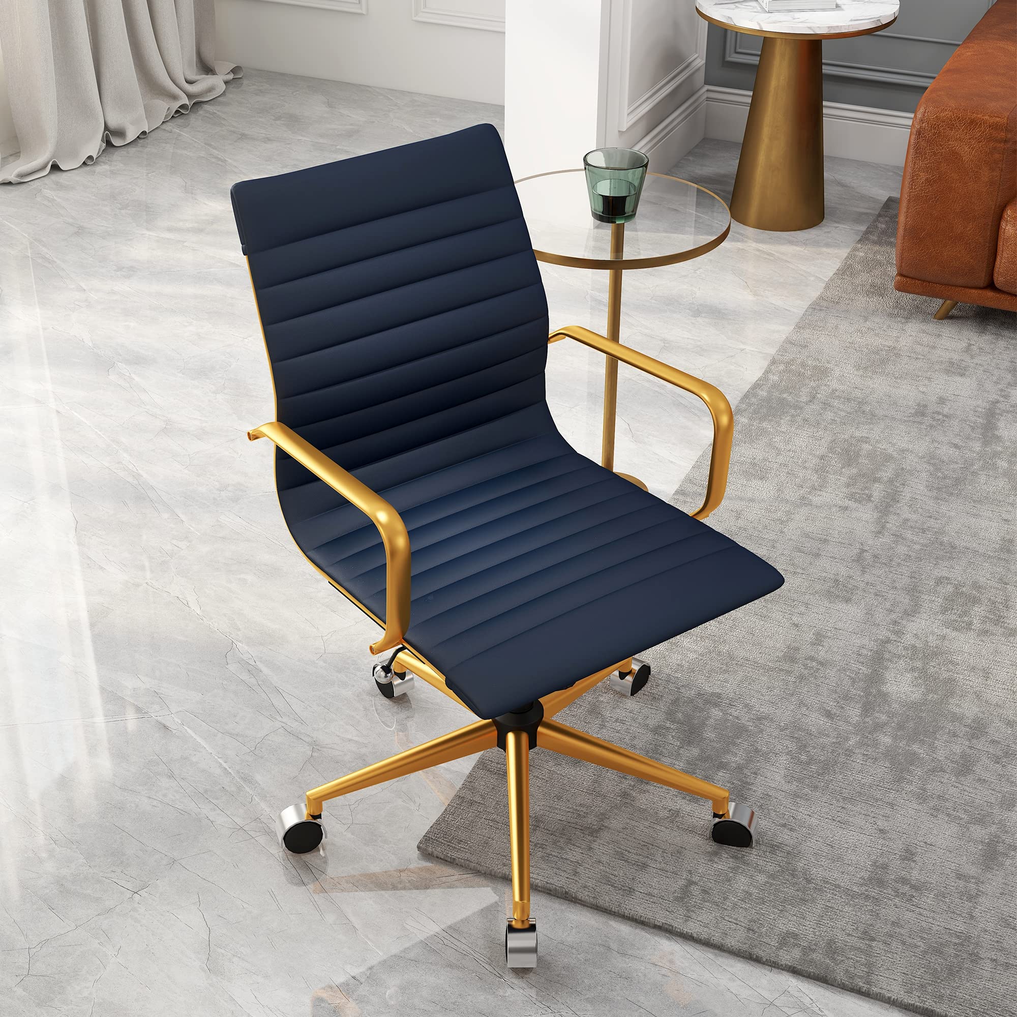 CAROCC Gold Modern Office Chair - Ergonomic Leather Desk Chair with Swivel & Ribbed Design for Home Office, Conference & Reception - Blue (3011A-GD-BLUE) - Perfect for Workspaces, Gaming & Study Rooms