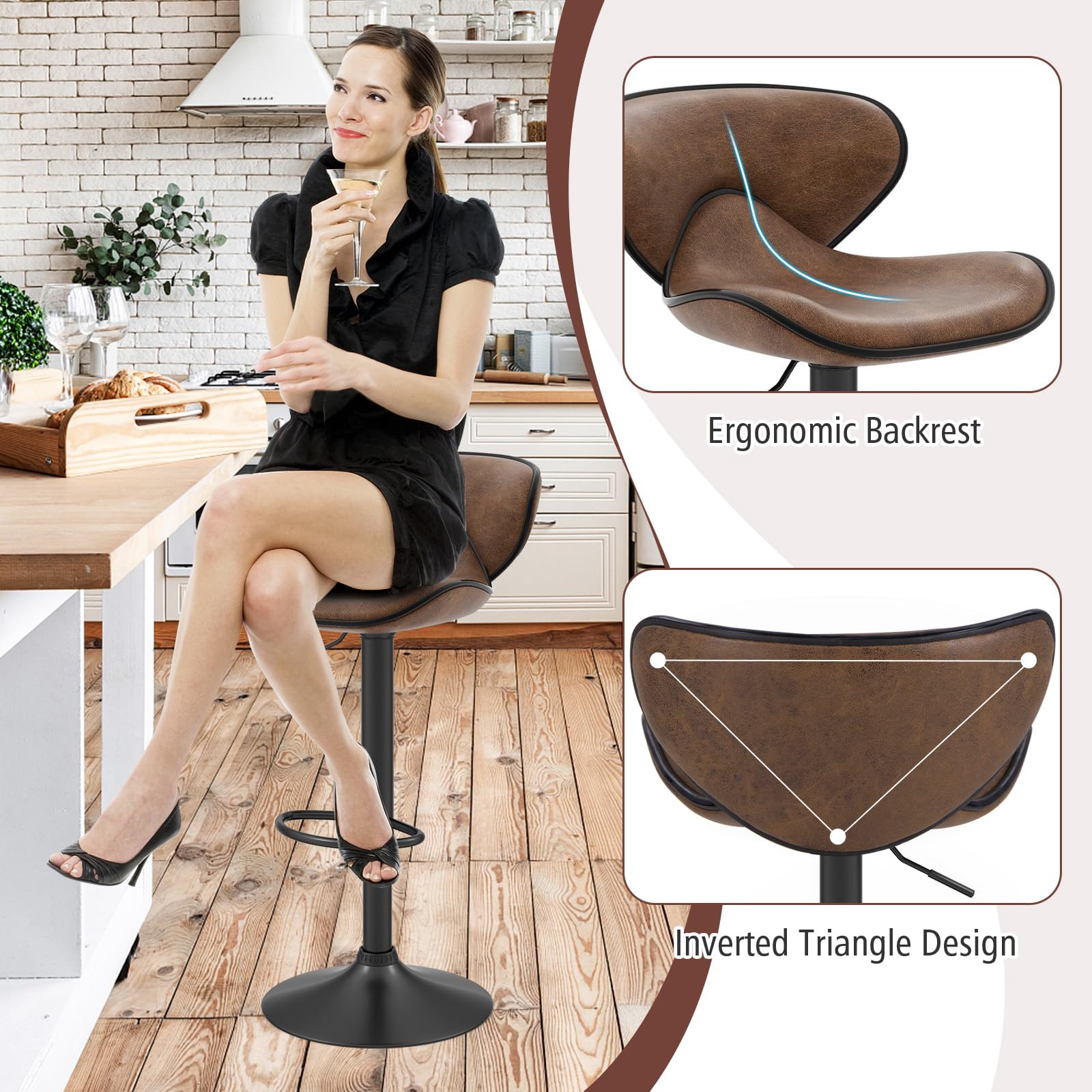 COSTWAY Set of 2 Swivel Bar Stools with Backrest & Footrest - Adjustable Height Counter Stools for Kitchen Island, Home Bar, Dining Room & Pub - Dark Brown Barstools for Comfortable Seating & Stylish Decor