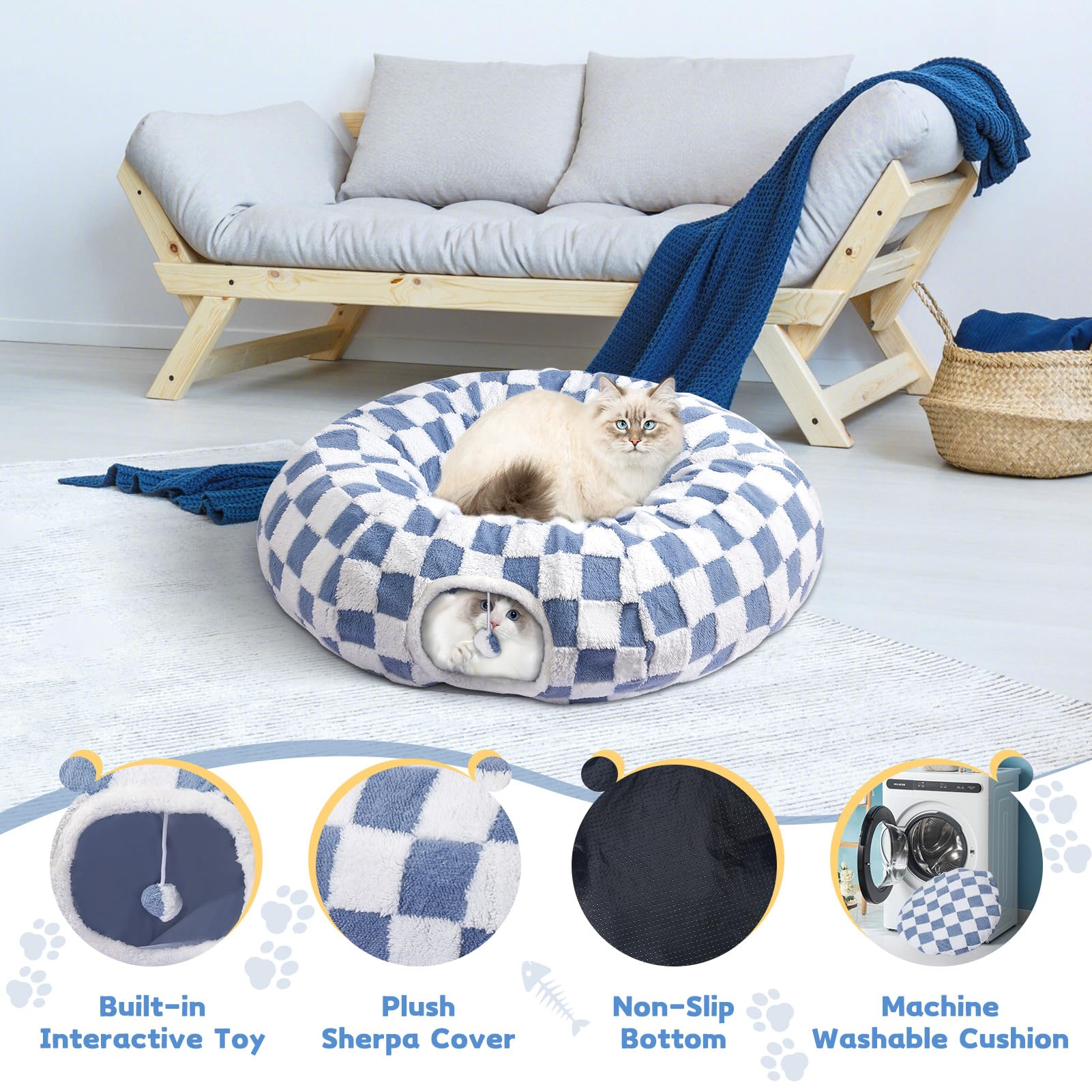 **Maansfy Large Peekaboo Cat Cave & Donut Tunnel - Interactive Cat Toy for Indoor Play, Multifunctional Round Pet Play Tube for Kittens & Medium/Large Cats (Blue) - Perfect for Hideaways, Playtime & Nap Time**