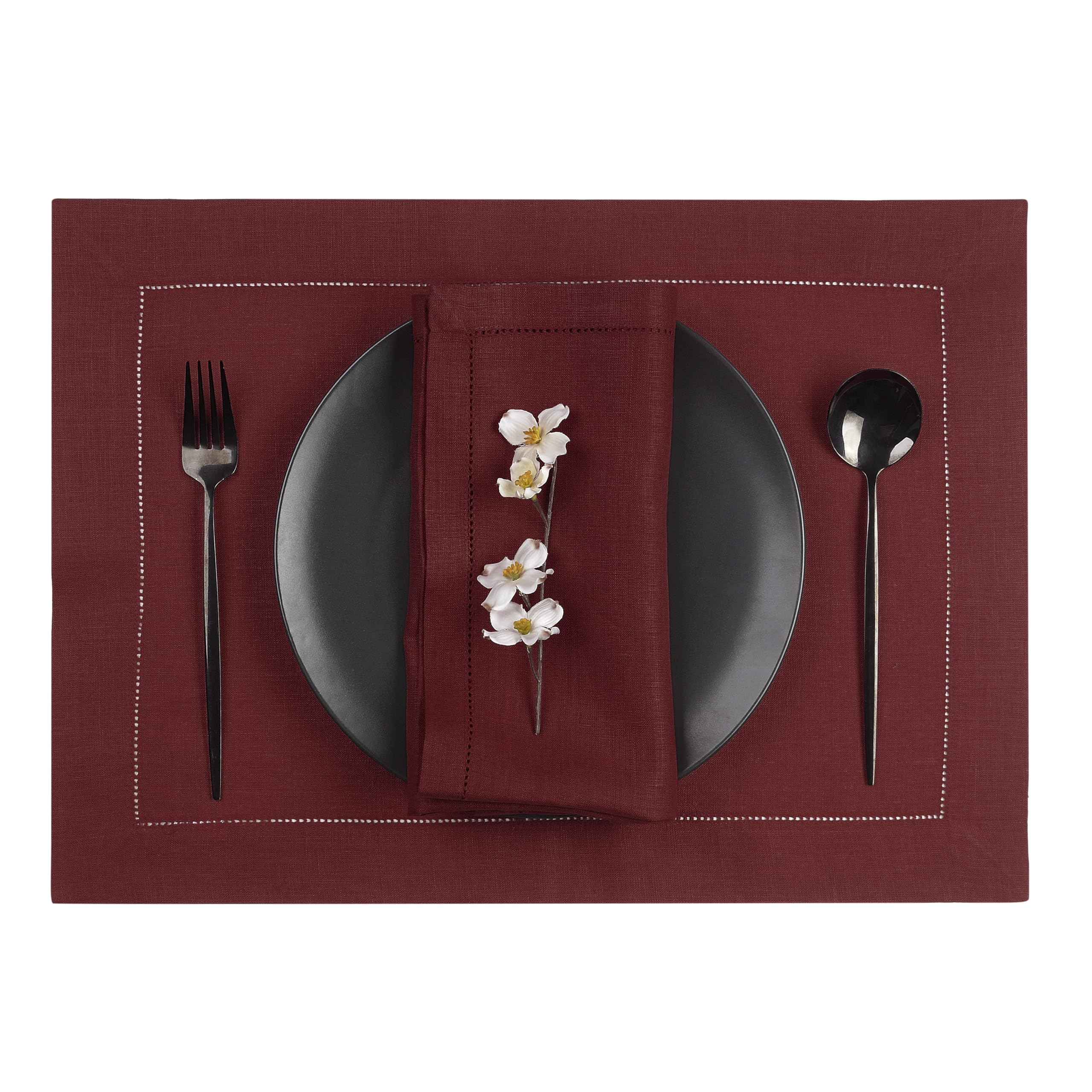 D'Moksha Homes 100% Pure Linen Placemats Set of 4 - Dark Red 14x19 Inch Classic Hemstitch Washable Table Mats for Dining, Kitchen & Spring Decor | Elegant Table Setting for Parties & Everyday Use