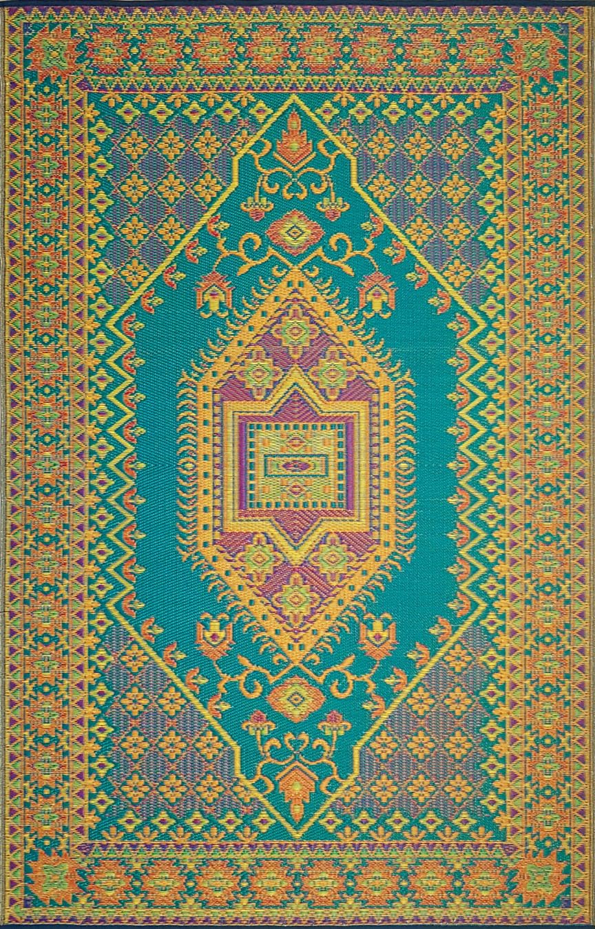 Mad Mats Traditional Reversible Outdoor Rug 5' x 8' - Durable Plastic Mat for Patio, Porch, Poolside, Deck & RV | Waterproof & Easy-Clean | Oriental Turkish Design in Aqua Blue | Perfect for Camping, Mudroom & Outdoor Entertaining