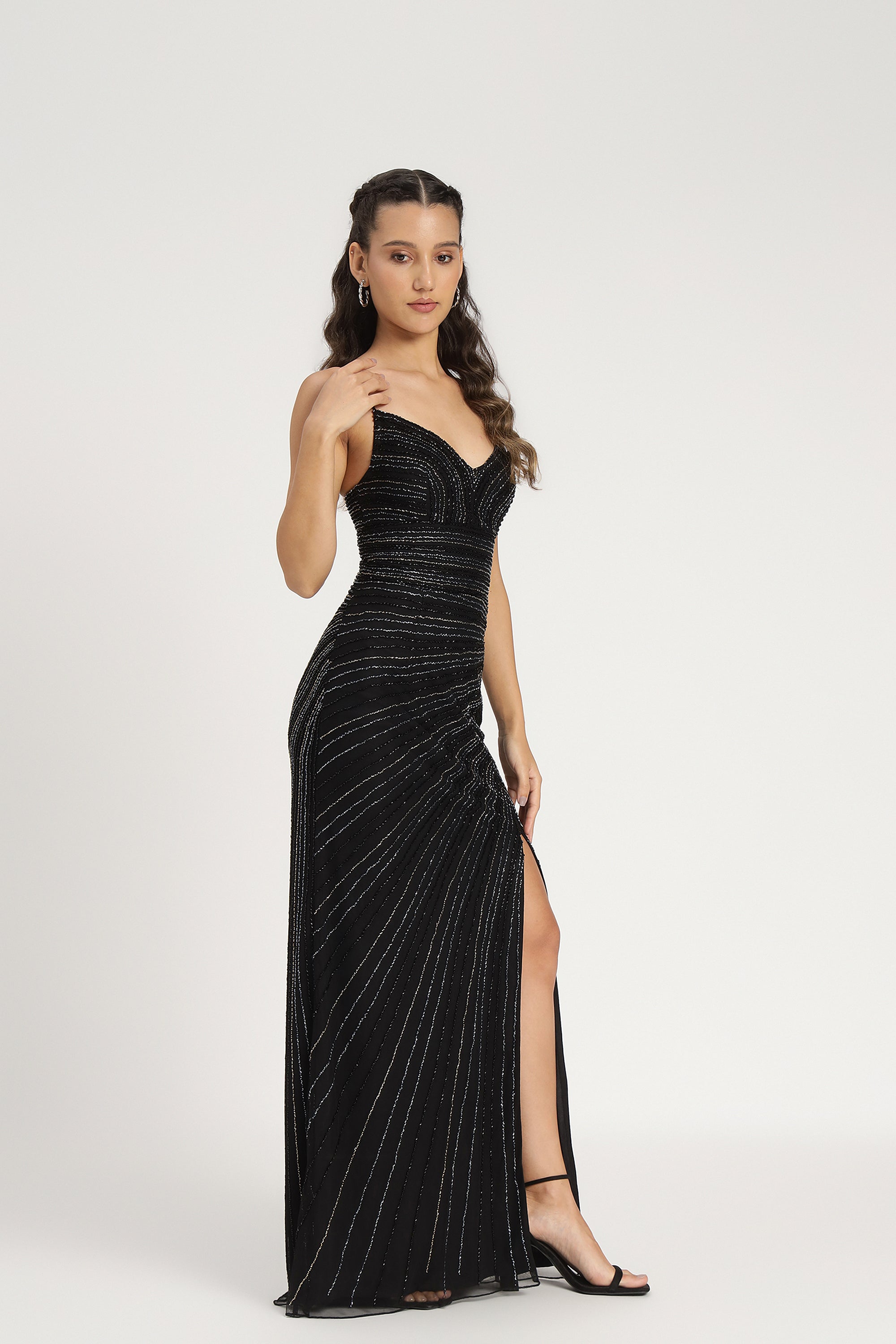 Kimberly Embellished Black Maxi Dress for Women - Elegant Long Evening Gown for Parties, Weddings & Special Occasions