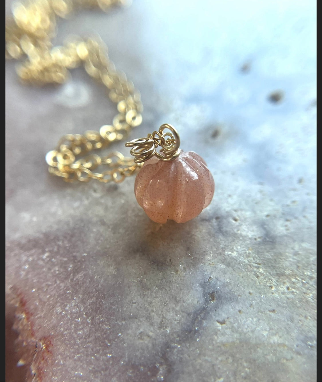 Pumpkin Charm Necklace with Peach Moonstone - Elegant Bohemian Jewelry for Women, Perfect for Halloween, Thanksgiving & Boho Fashion