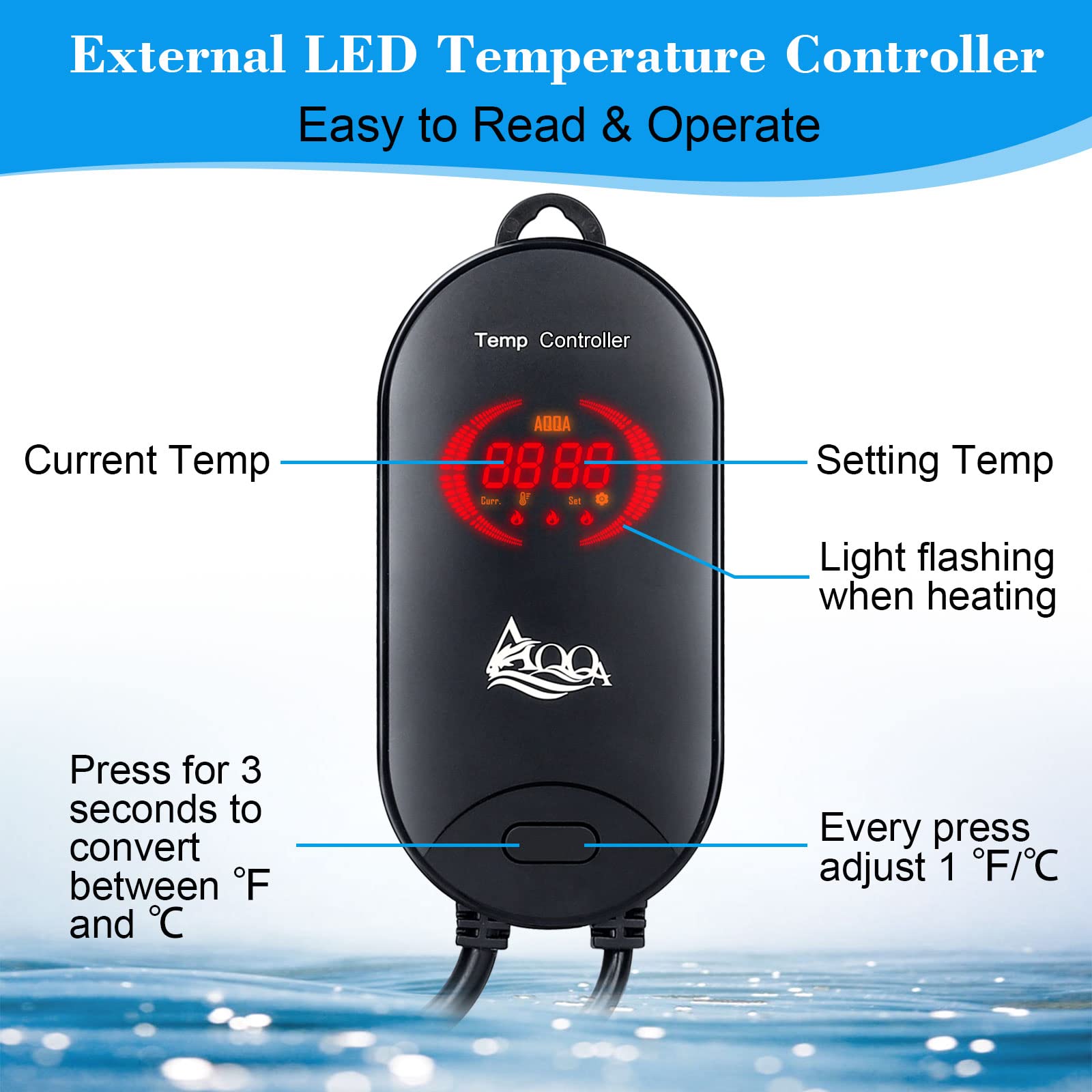 AQQA 500W Submersible Aquarium Heater for 66-135 Gallon Fish Tanks - Betta, Coral Marine & Freshwater Aquarium Thermostat (Ideal for Home, Office & Pet Store Aquariums)