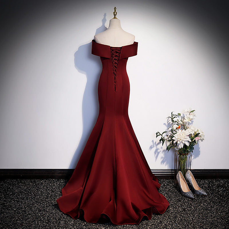 Elegant Burgundy Mermaid Evening Gown - Off Shoulder Satin Prom Dress for Women | Perfect for Formal Events, Weddings & Special Occasions