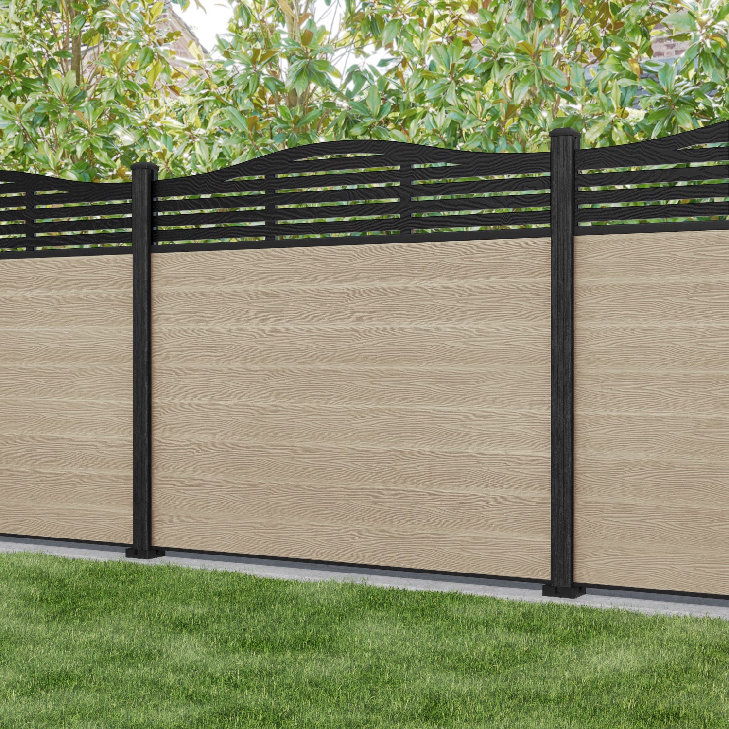 Classic Aspen Curved Top Fence Panel - Light Oak Composite Wood Privacy Fencing with Durable Posts | Perfect for Backyard, Garden, and Poolside Landscaping