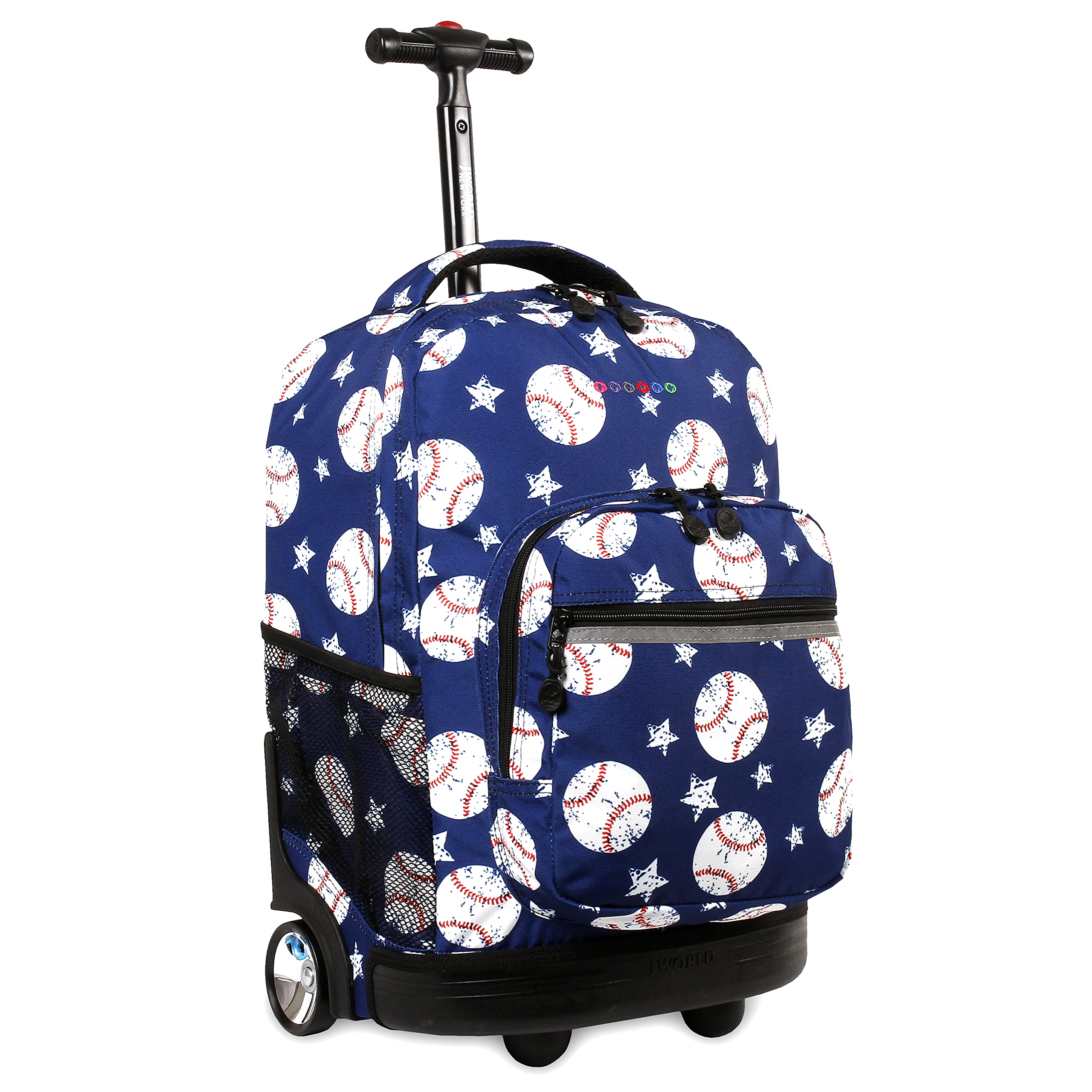 J World New York Sunrise Rolling Backpack - 18 Inch Wheeled Backpack with Retractable Handle for School, Travel & Sports | Perfect for Students, Commuters & Baseball Fans