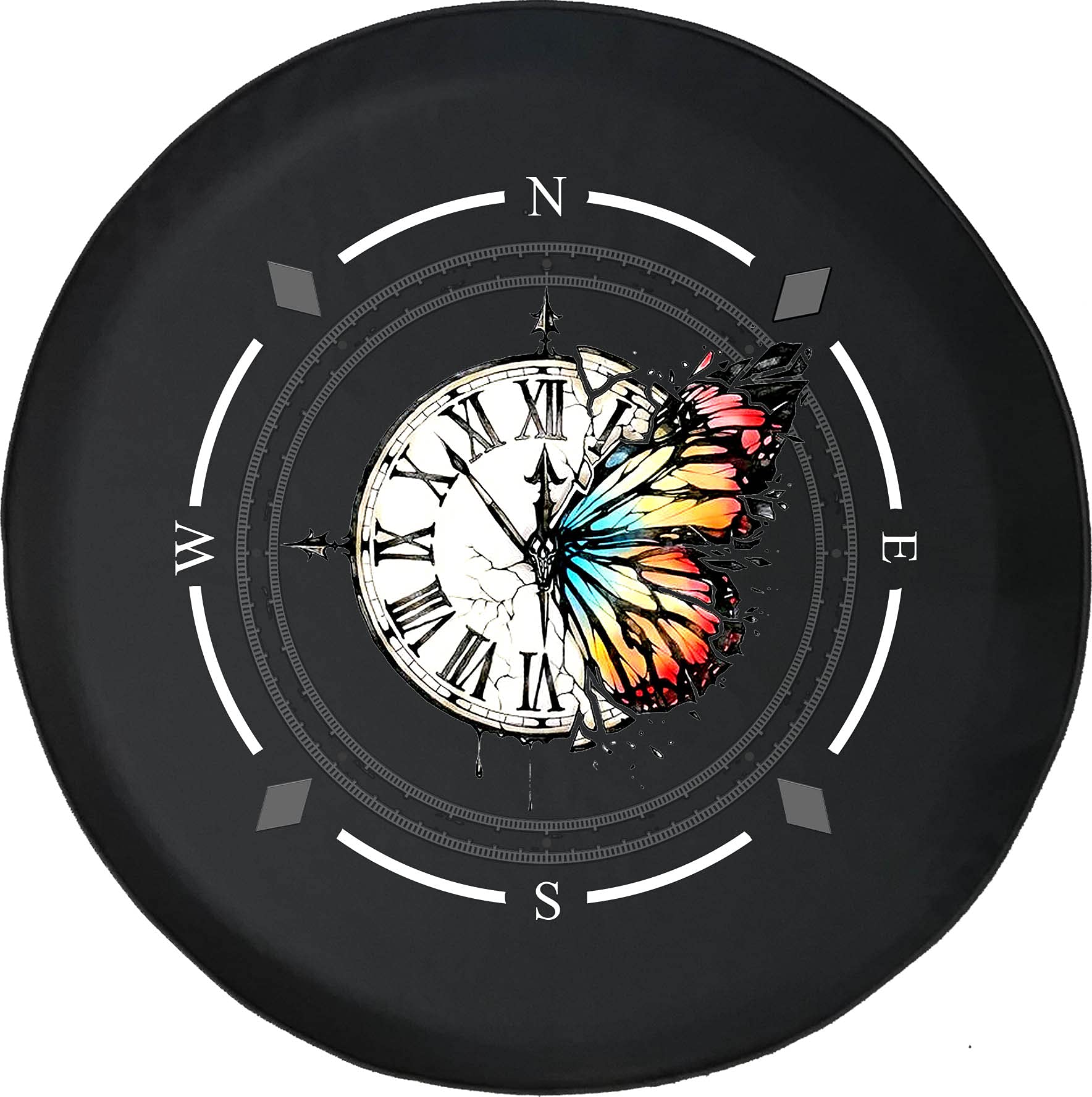 American Unlimited Spare Tire Cover with Compass & Broken Clock Design - Universal Fit for SUV, Trailer, RV & Most Vehicles - Durable Wheel Protector for Outdoor Adventures & Road Trips