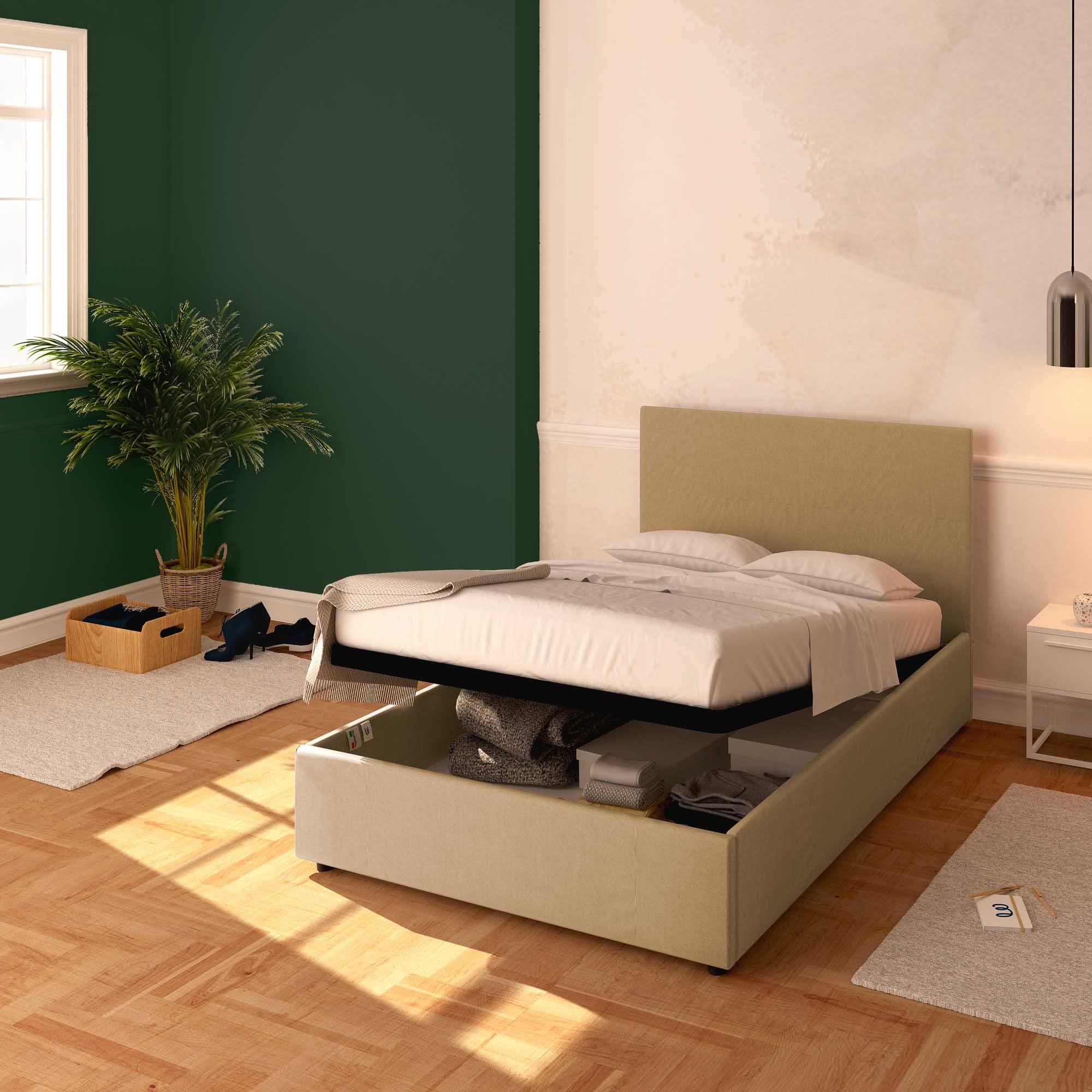 Baldiflex Twin Size Half Body Bed with Storage, Rossano Fabric Model, Slatted Base for Single Mattresses, 120x200cm, Elegant Camel Headboard - Perfect for Small Bedrooms, Guest Rooms & Studio Apartments