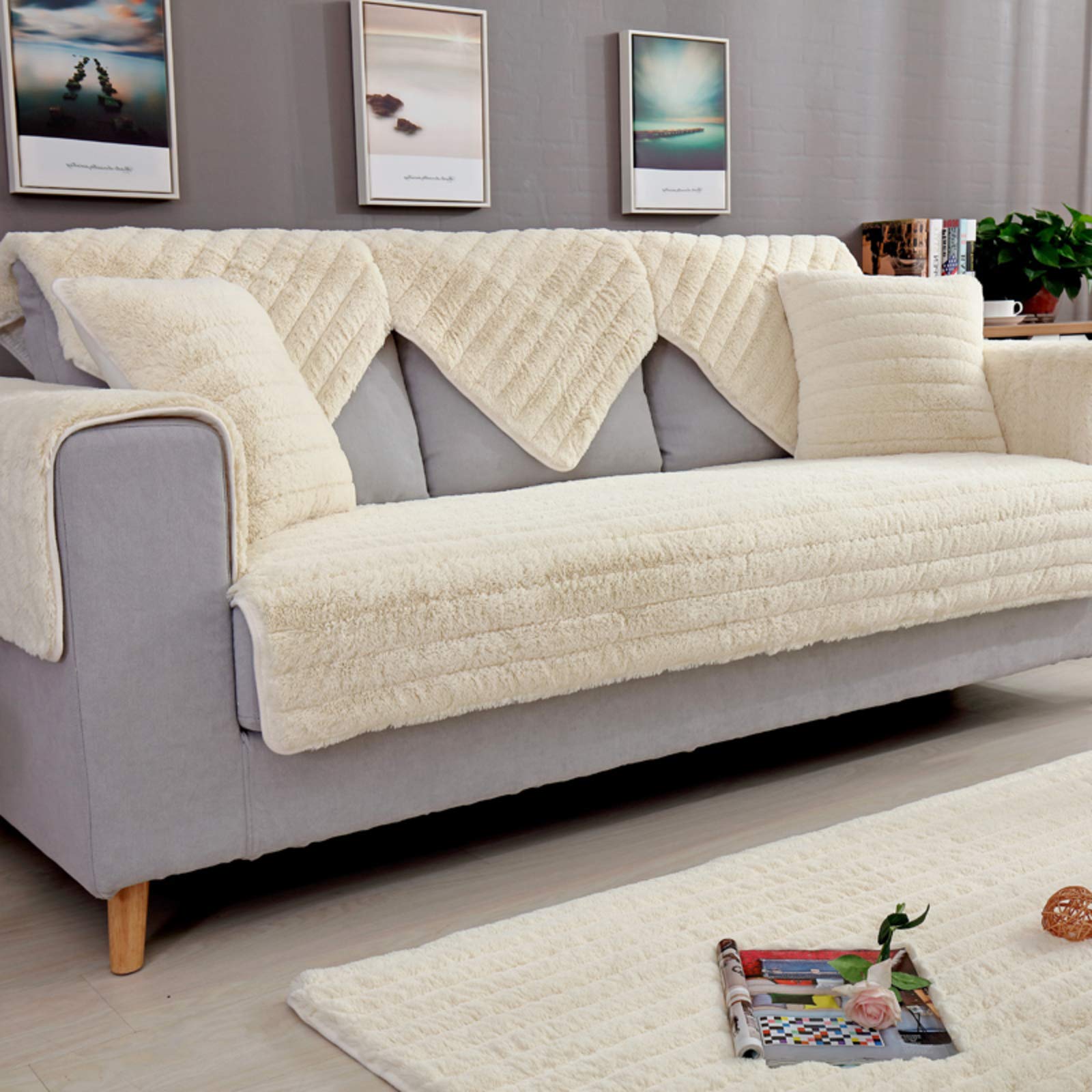 Premium Velvet Sectional Sofa Cover - Soft Plush Anti-Slip Furniture Protector for Pets & Kids (110x180cm/43x71in, White) | Perfect for Living Room, Family Room & Pet-Friendly Homes