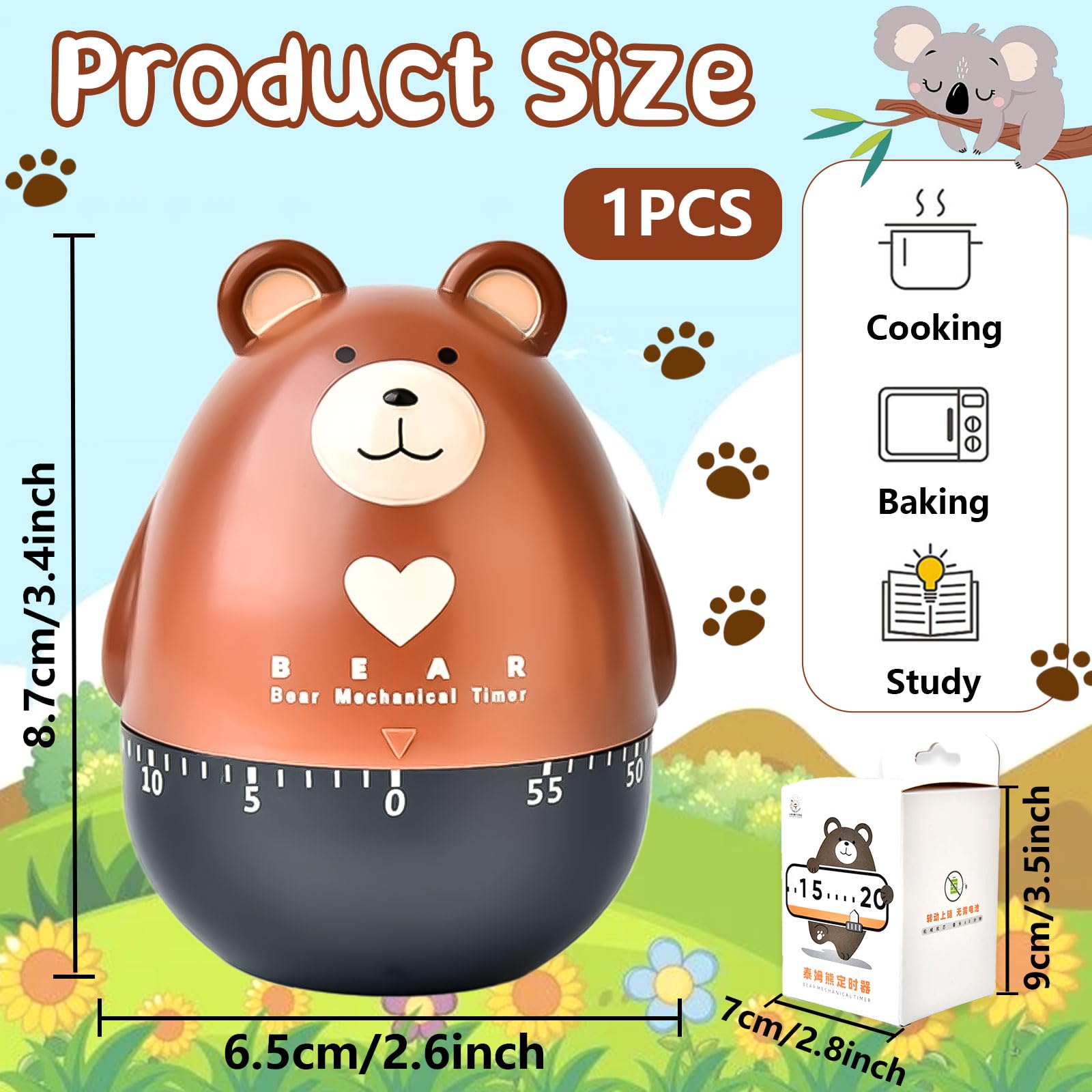 Exbrith 1-Piece Manual Mini Cooking Alarm Timer - Portable Countdown Bear-Shaped Mechanical Kitchen Timer for Baking, Cooking, Studying & Sports - Perfect for Home, Office & Classroom Use