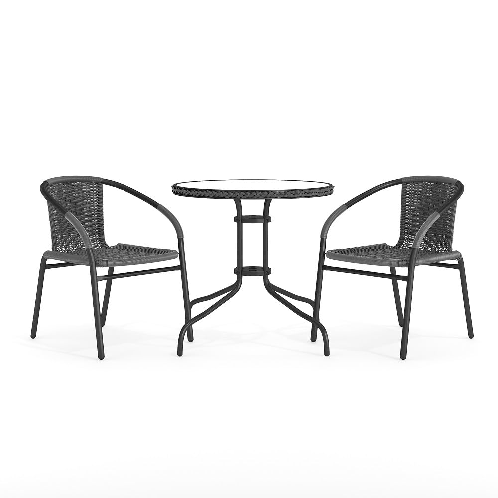 Flash Furniture 3-Piece Outdoor Dining Set - Round Glass Top Metal Table with 2 Stackable Wicker Chairs, Gray Bistro Set for Patio, Garden, Balcony & Backyard Relaxation