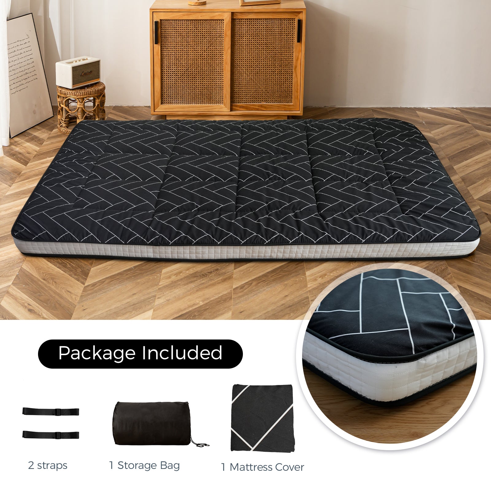 MAXYOYO Japanese Floor Futon Mattress - Black Geometric Pattern, 3-Inch Thick Foldable Sleeping Pad for Guest Bed, Floor Bed, Camping & Travel | Comfortable & Space-Saving