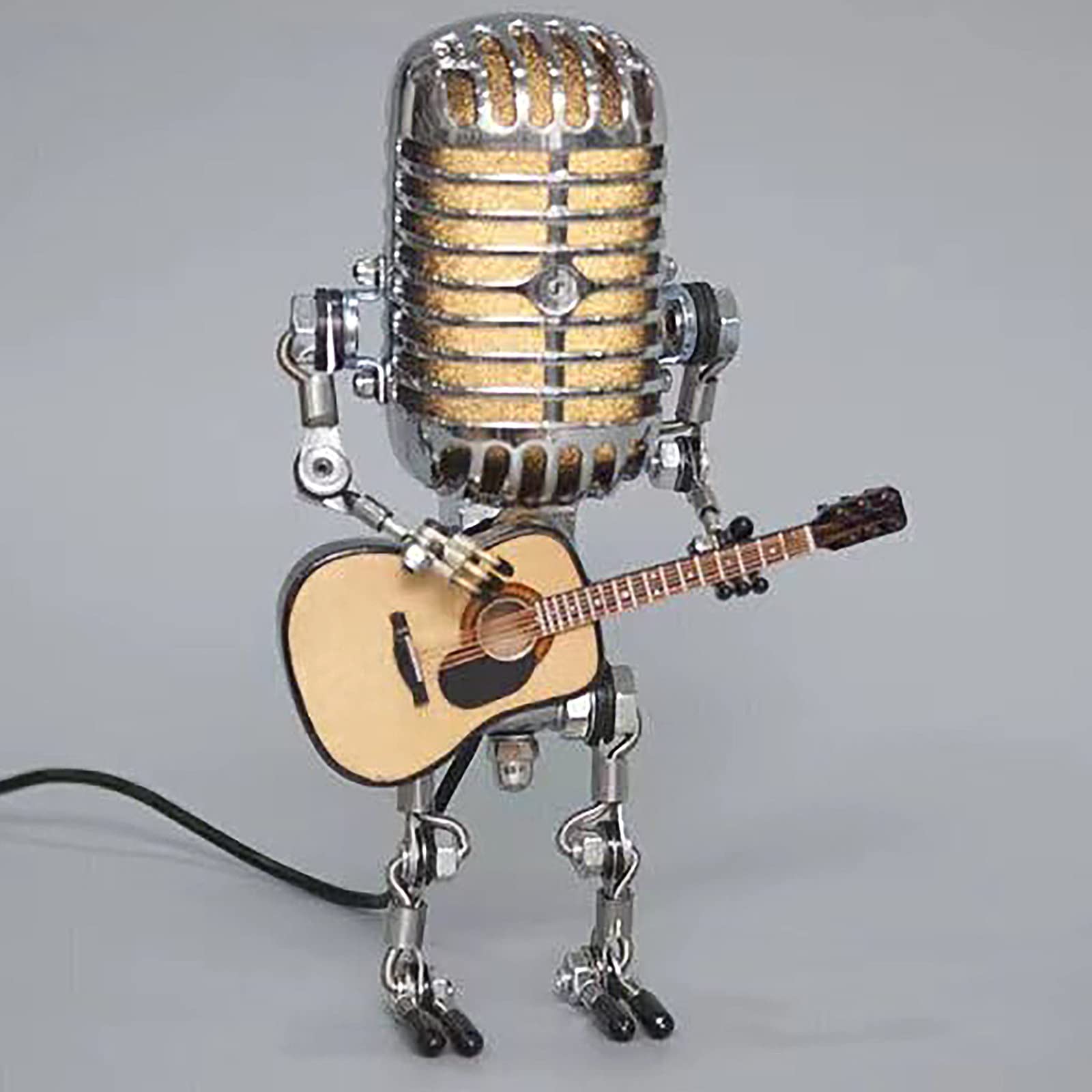 Vintage Microphone Robot Lamp Guitar Night Light - Retro Steampunk Table Lamp for Bedroom, Living Room, Bar & Restaurant - Cool Cute Fun Desk Decor with Warm LED Light - Perfect for Gaming Room, Man Cave, Music Studio & Themed Parties