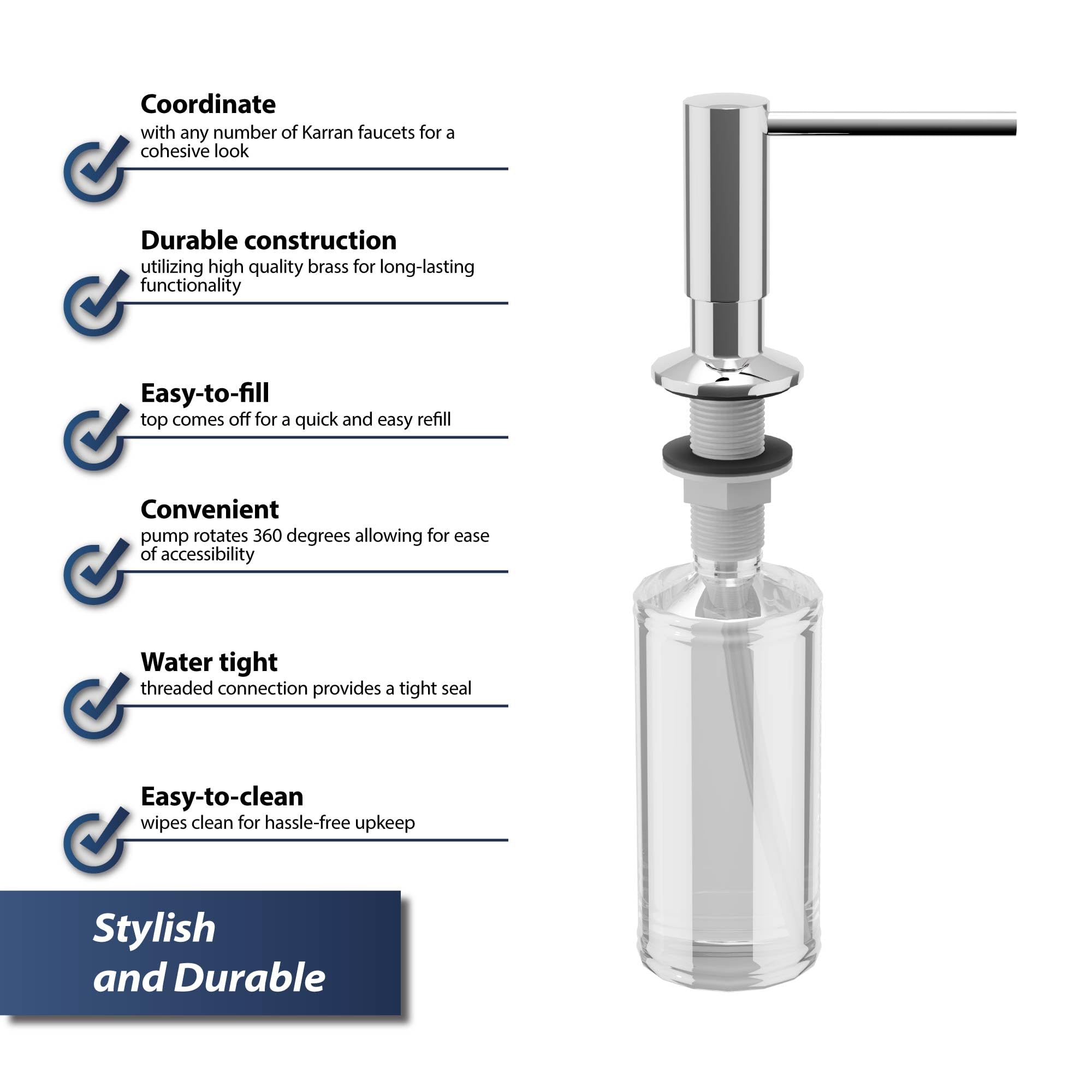 Karran SD35 Chrome Kitchen Soap Dispenser & Lotion Pump - Modern Touchless Bathroom & Kitchen Accessory for Sink Countertop