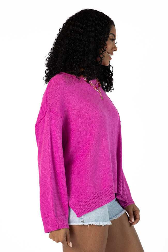 Tell Me Everything Magenta Oversized Pocketed Lightweight Sweater for Women | Cozy Fall & Winter Pullover | Perfect for Casual Outings & Layering