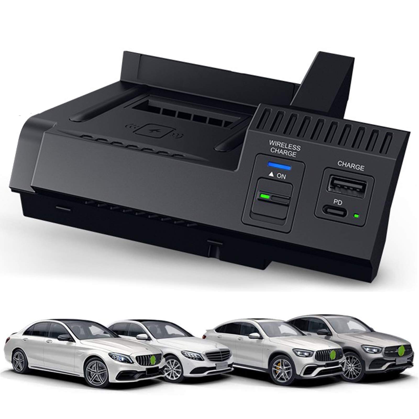 15W Fast Wireless Car Charger for Mercedes C-Class GLC AMG (2014-2021) - Dual USB Ports (Type-C & USB-A) - Compatible with iPhone, Samsung Galaxy, Huawei, Xiaomi - Perfect for Road Trips & Daily Commuting