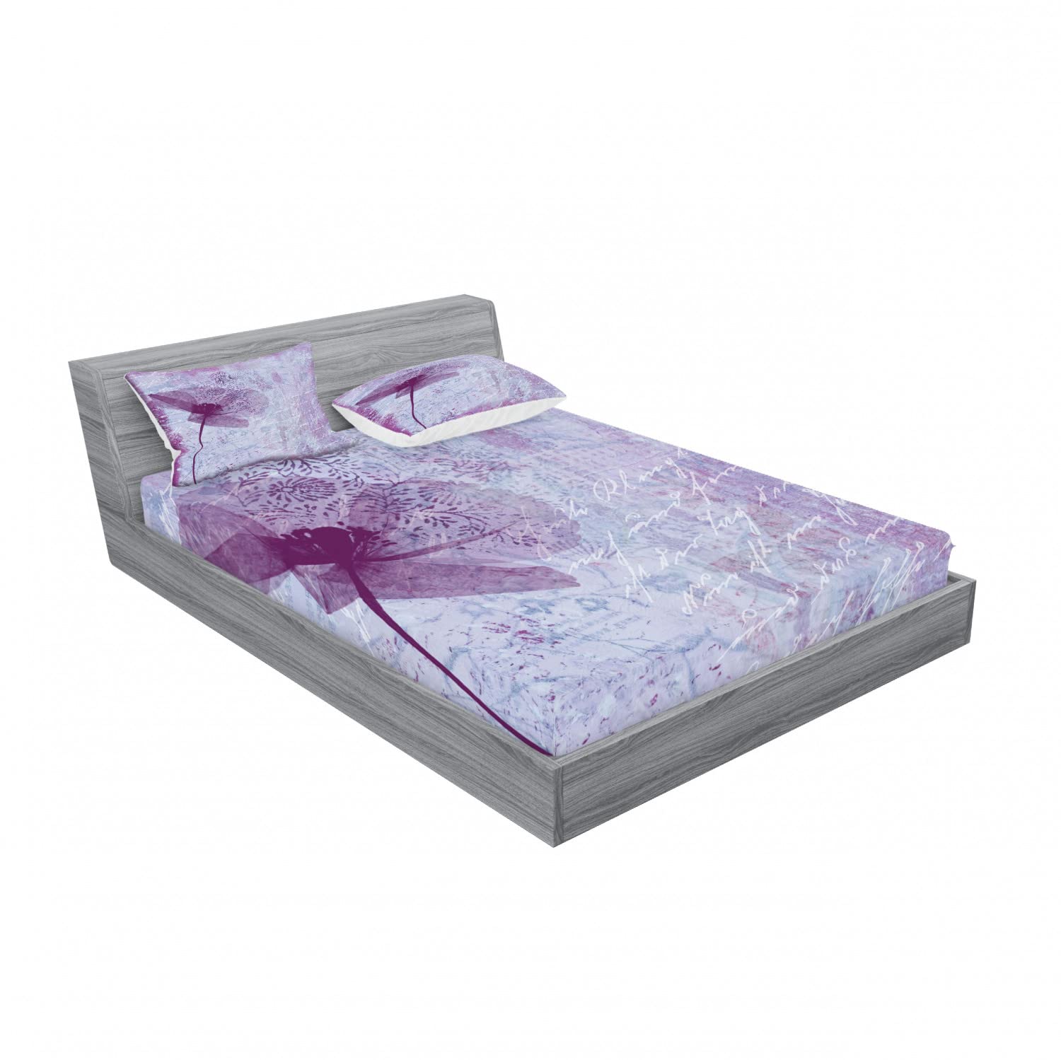Ambesonne Floral 2-Pack Full Size Fitted Sheet & Pillow Sham Set - 4 Piece Bedding Decor with 2 Fitted Sheets & 4 Pillow Covers - Romantic Flower Pattern in Lilac - Perfect for Master Bedroom, Guest Room & Vacation Home Decor