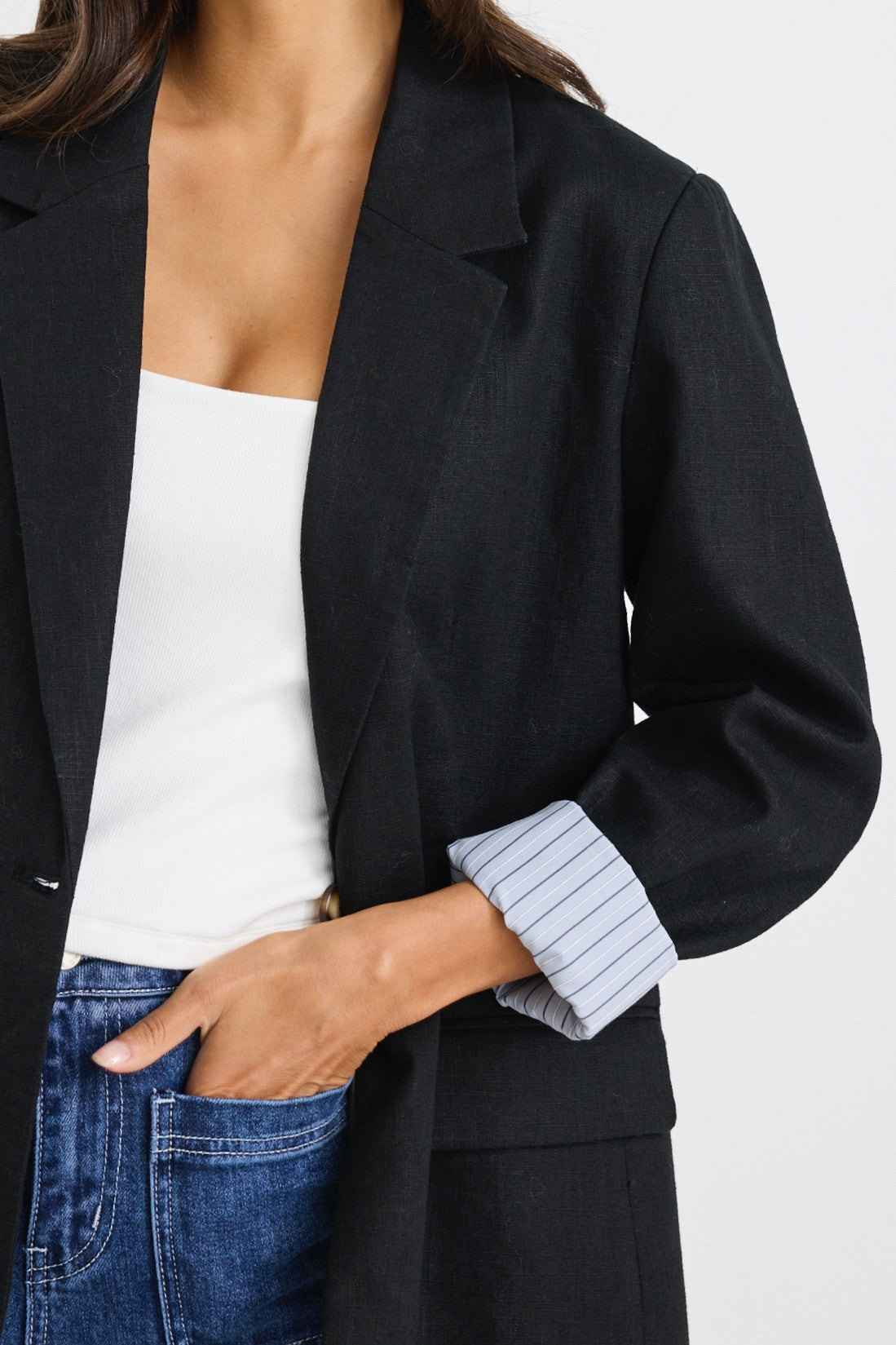 Stylish Black Ramie Rolled Sleeve Blazer for Women - Lightweight Summer Office Jacket - Perfect for Business Casual, Workwear & Formal Occasions