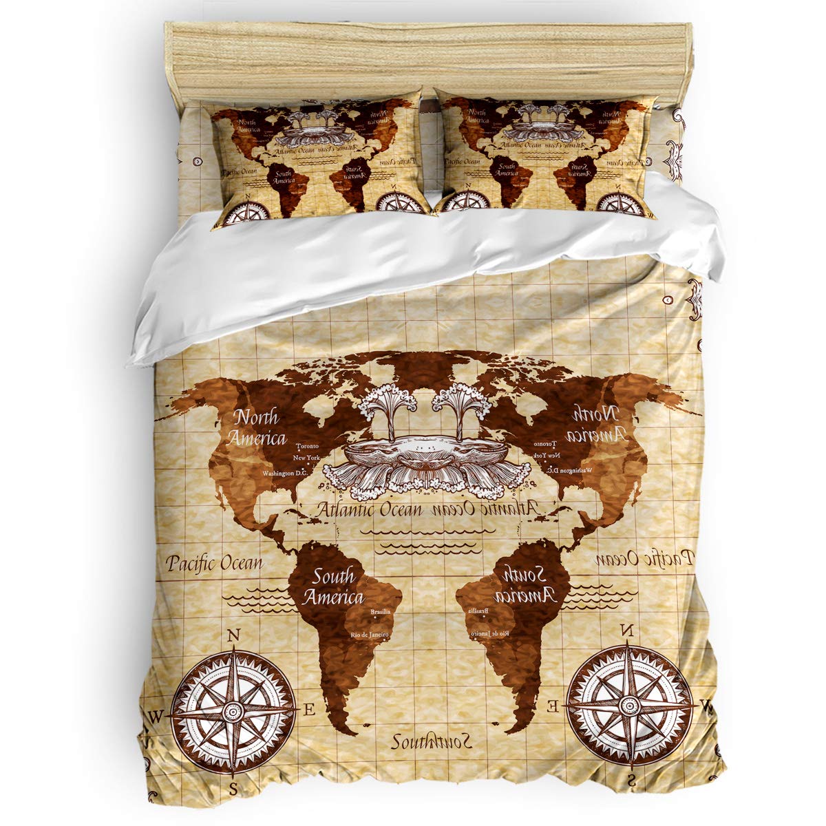 4-Piece Retro World Map Duvet Cover Set - Twin Size Bedding with 2 Pillowcases, 1 Duvet Cover & 1 Fitted Sheet for Home, Hotel Decor - Perfect for Adults & Kids Bedrooms, Guest Rooms, and Travel