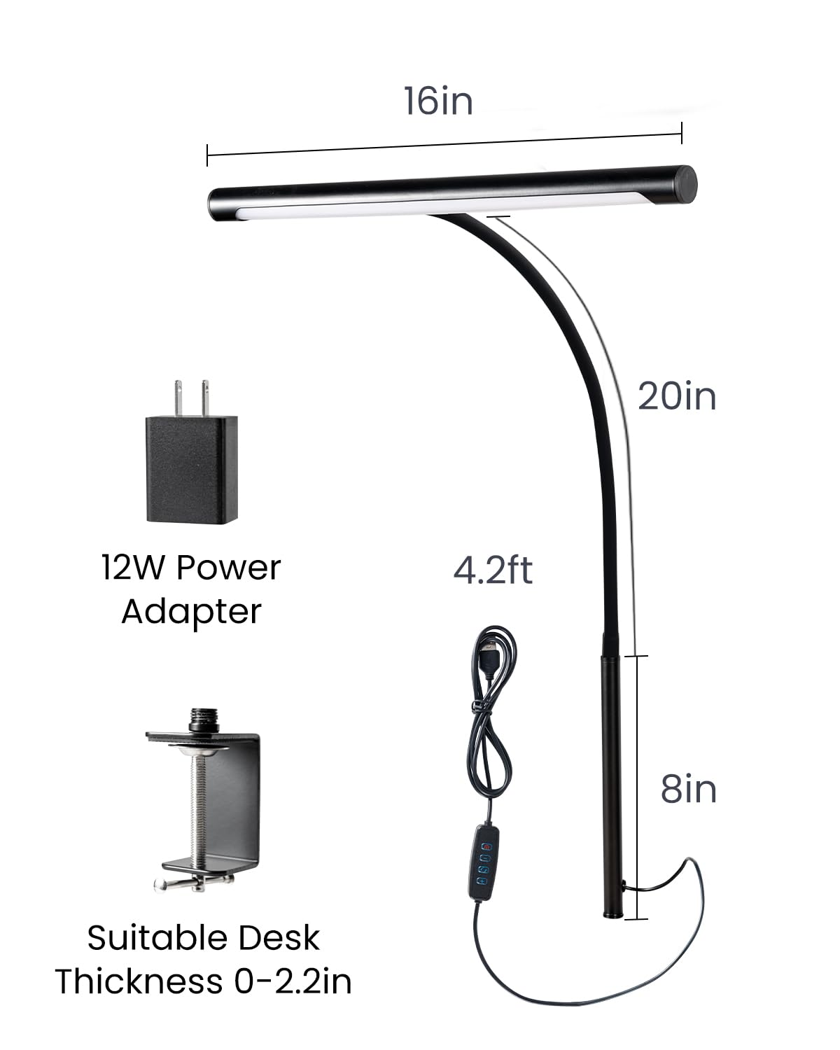 12W Dimmable LED Desk Lamp with Adjustable Gooseneck - Eye-Caring Home Office Light for Reading, Studying & Workbench - Perfect Architect Clamp Lamp for Workspace & Study Room Lighting