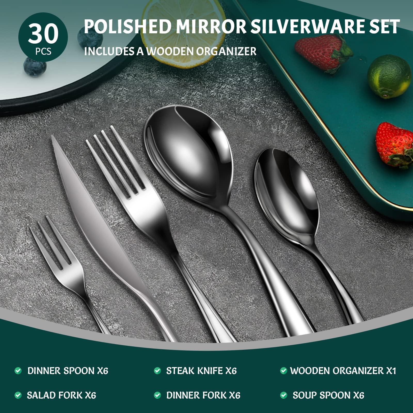 30-Piece Stainless Steel Silverware Set - Elegant Flatware Cutlery for 6 People with Forks, Spoons & Knives - Dishwasher Safe Kitchen & Dining Tableware - Perfect for Dinner Parties, Restaurants & Everyday Use