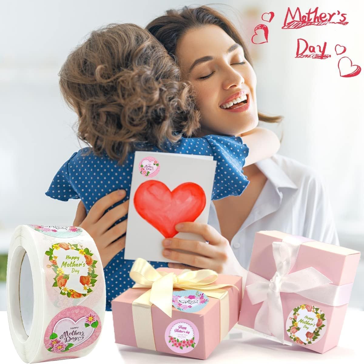500 PCS Happy Mother's Day Stickers - Self-Adhesive Floral Labels for Party Favors, DIY Cards & Gift Wrapping (1.5 Inch) - Perfect for Mother's Day Decorations, Scrapbooking & Craft Projects