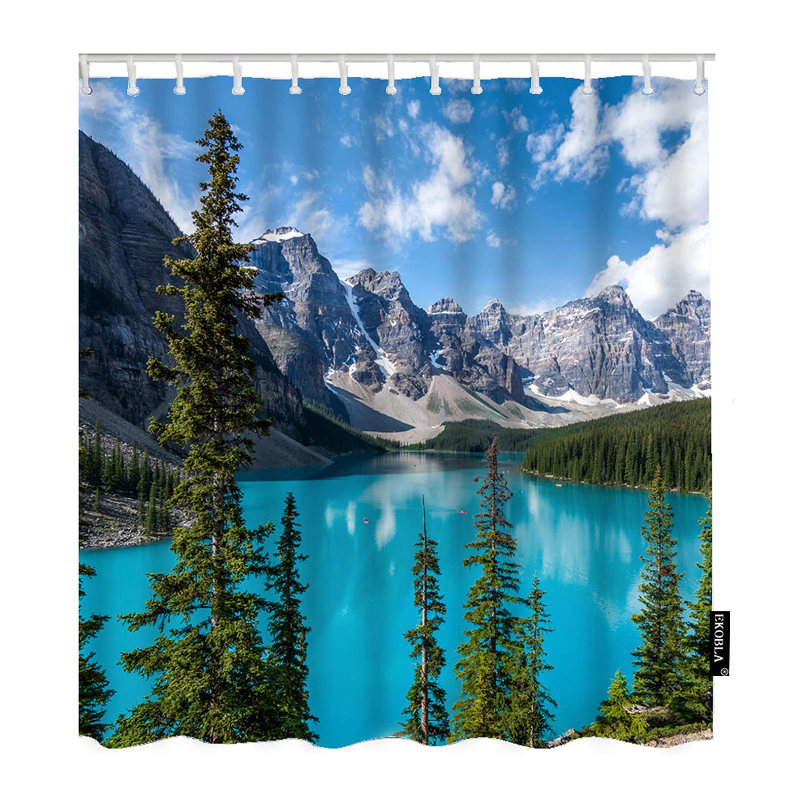 EKOBLA Moraine Lake Bathroom Shower Curtain - Snowy Mountain Forest Landscape with Pine Trees & Glacier Scenery - Heavyweight Fabric 72x72 Inch with 12 Hooks - Waterproof Bath Curtain for Bathroom, Bedroom, Kitchen & Bathtub Decor - Perfect for Nature Lovers & Travel Enthusiasts
