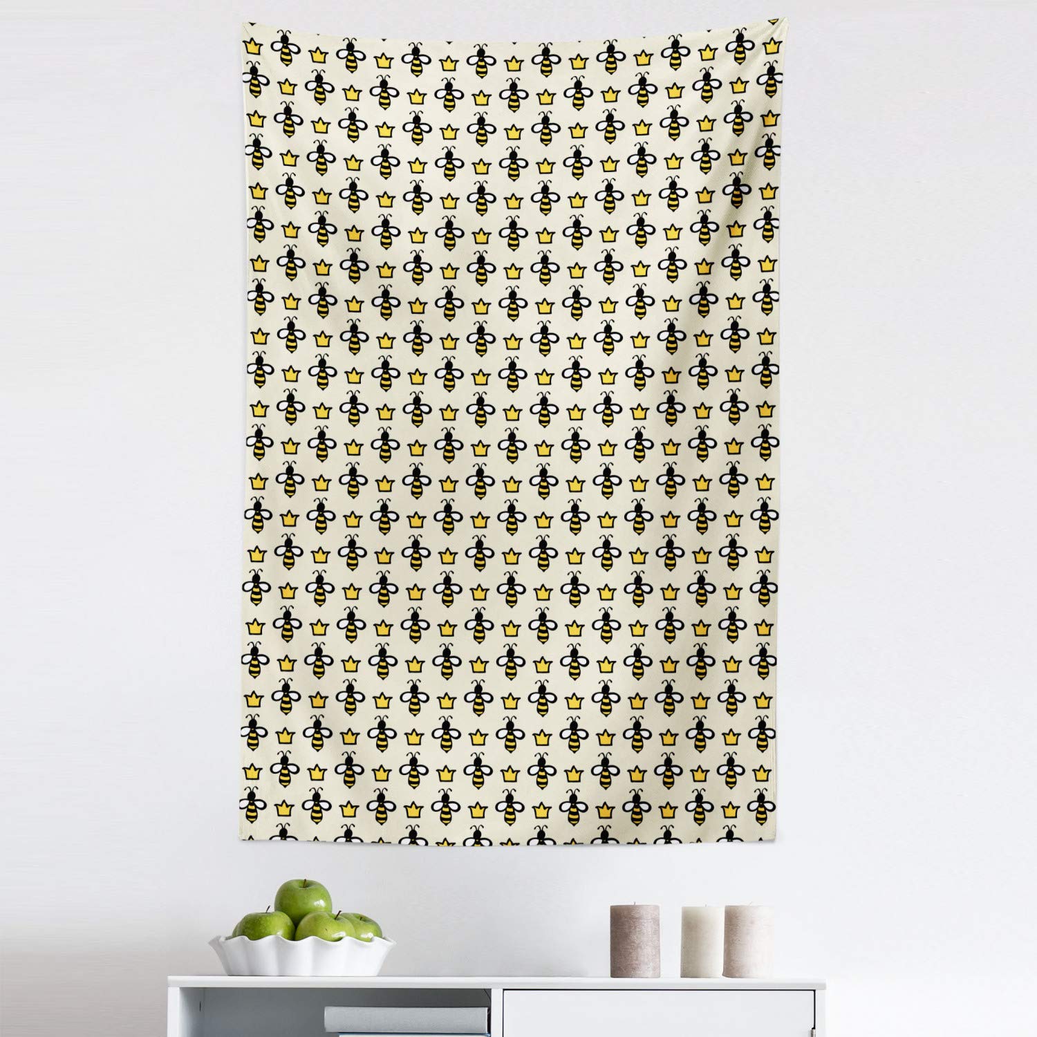 Ambesonne Queen Bee Tapestry Wall Art - Hand Drawn Cartoon Bees & Crowns Pattern - 30x45 Inch Fabric Wall Hanging Decor for Bedroom, Living Room, Dorm - Eggshell Mustard Color - Perfect for Boho Home Decor & Beekeeping Theme Rooms