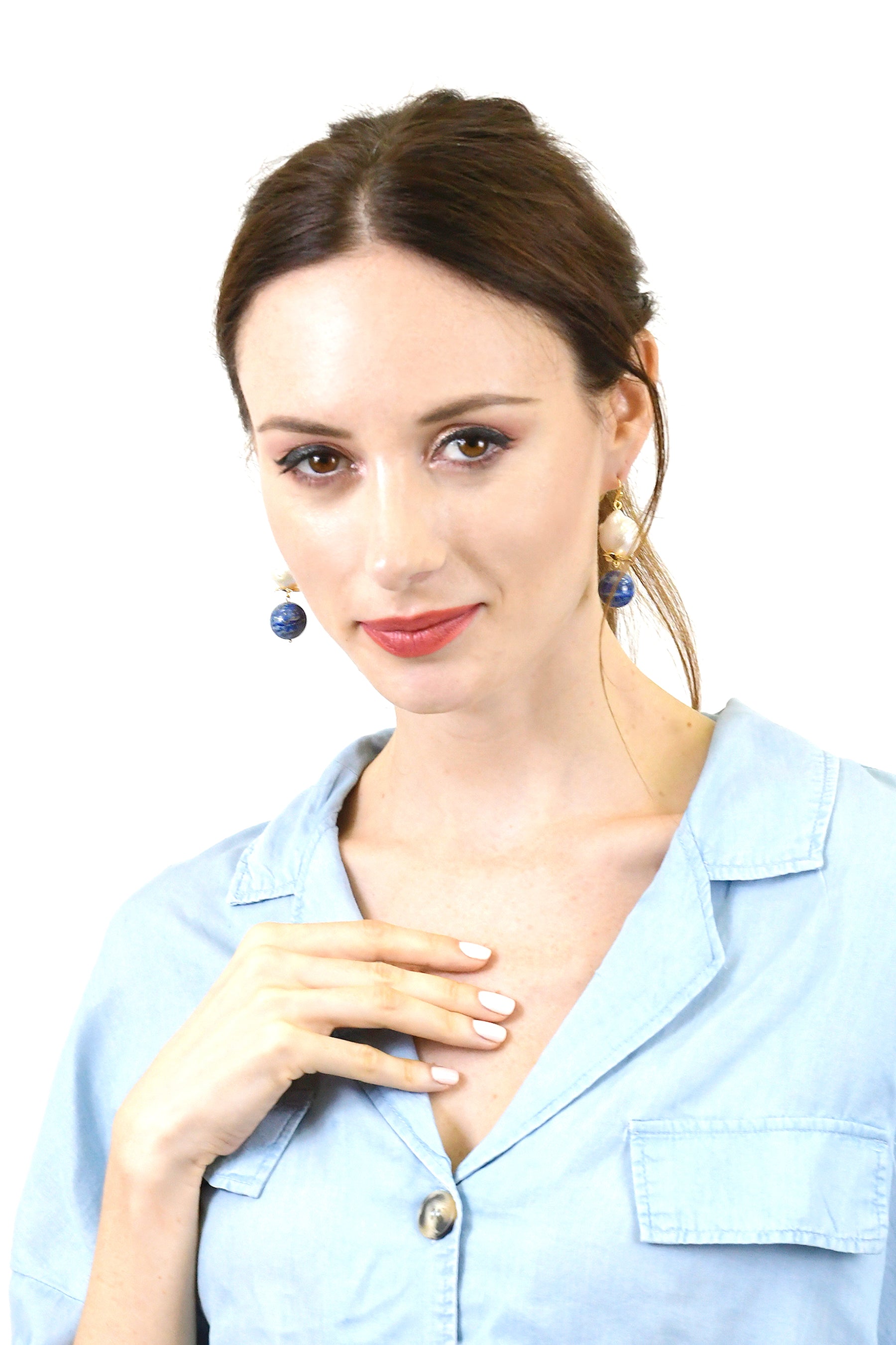 Freshwater Pearl & Lapis Lazuli Hook Earrings for Women | Elegant Dangle Jewelry for Parties, Weddings & Special Occasions | AE010