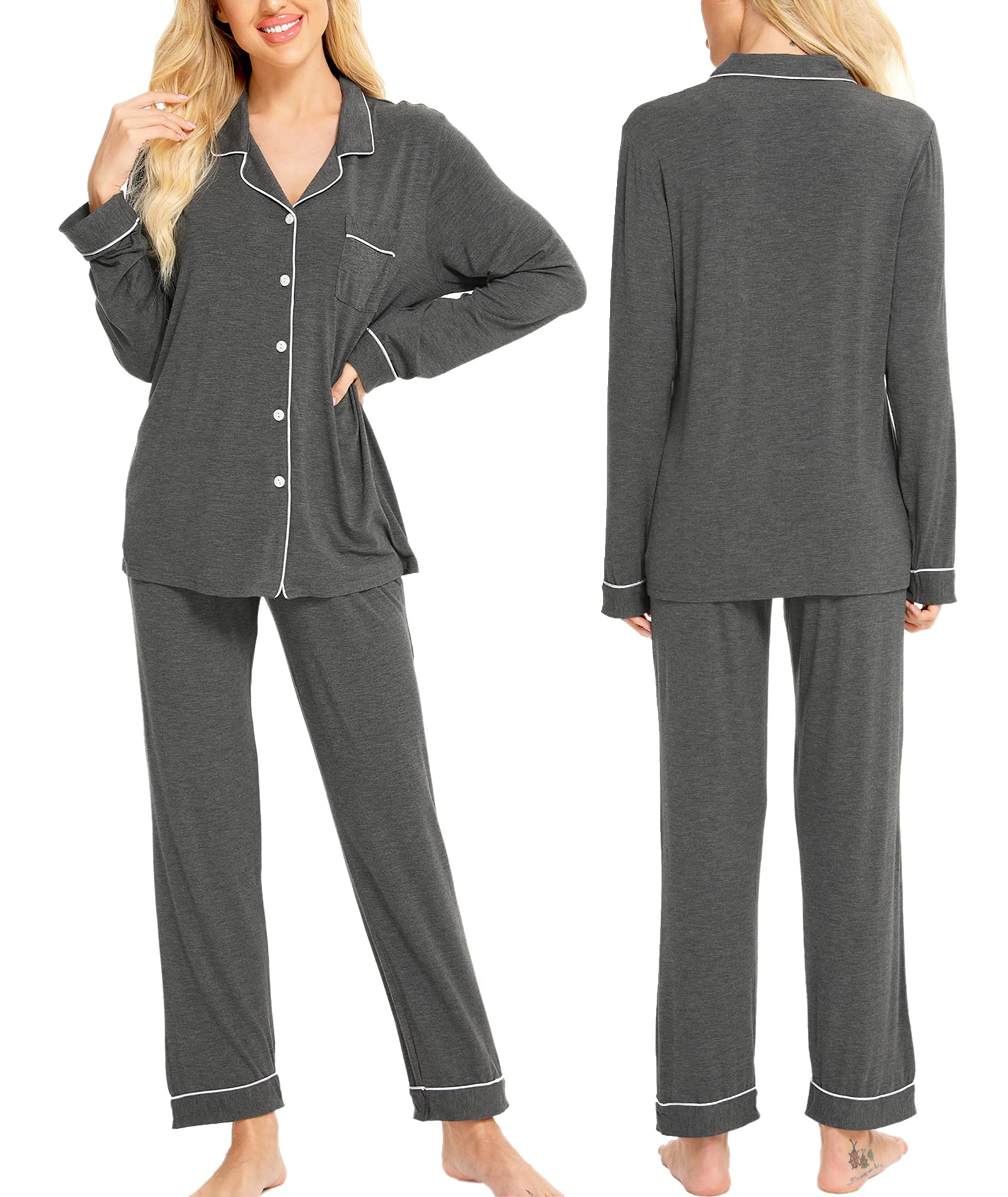 SWOMOG Women's Soft Cotton Pajama Set - Long Sleeve Button Down Sleepwear & Lounge Outfit for Cozy Nights at Home
