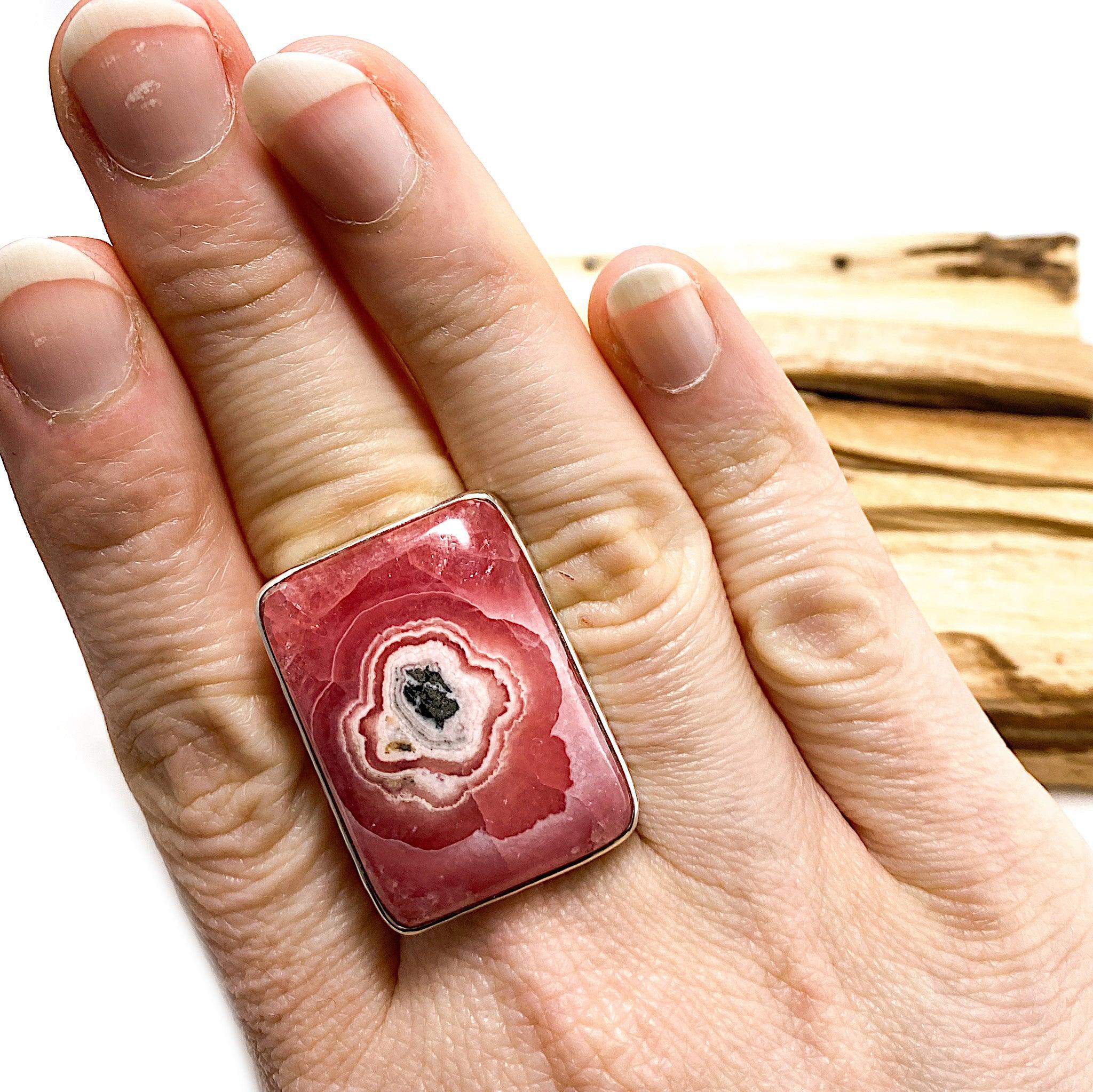 Rhodochrosite Rectangular Cabochon Ring with Beaten Band - Size 11 (KRGJ1226) - Perfect for Boho Jewelry & Gift Giving