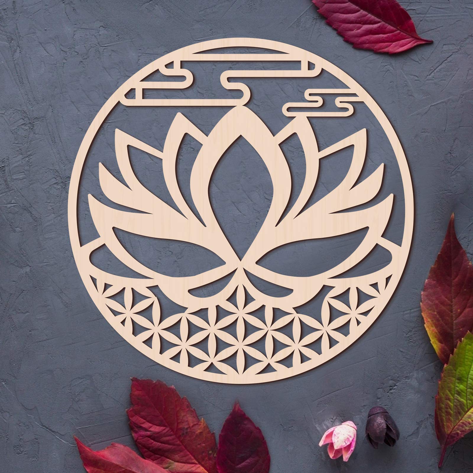 GLOBLELAND 12 Inch Lotus Wall Art - Handcrafted Wooden Crystal Grid Sacred Geometry Decor | Laser Cut Wood Sculpture for Wall Hanging | Perfect for Meditation Rooms, Yoga Studios & Spiritual Home Decor