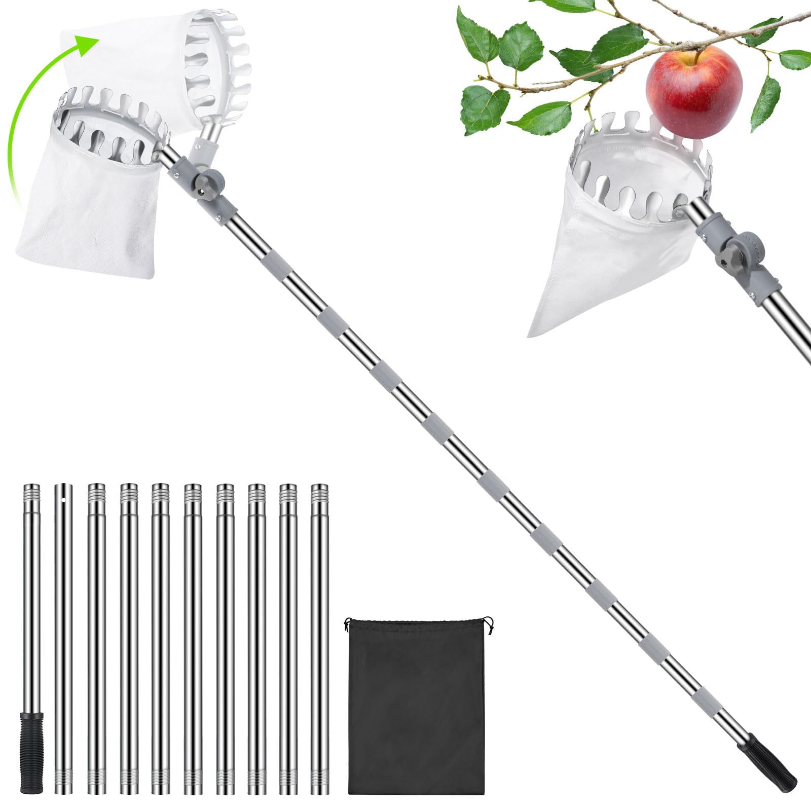 13FT Adjustable Fruit Picker Pole with Basket Head - Long Reach Fruit Harvesting Tool for Apples, Oranges, Lemons & Mangoes - Perfect for Home Garden, Orchard Picking & Tall Tree Harvesting