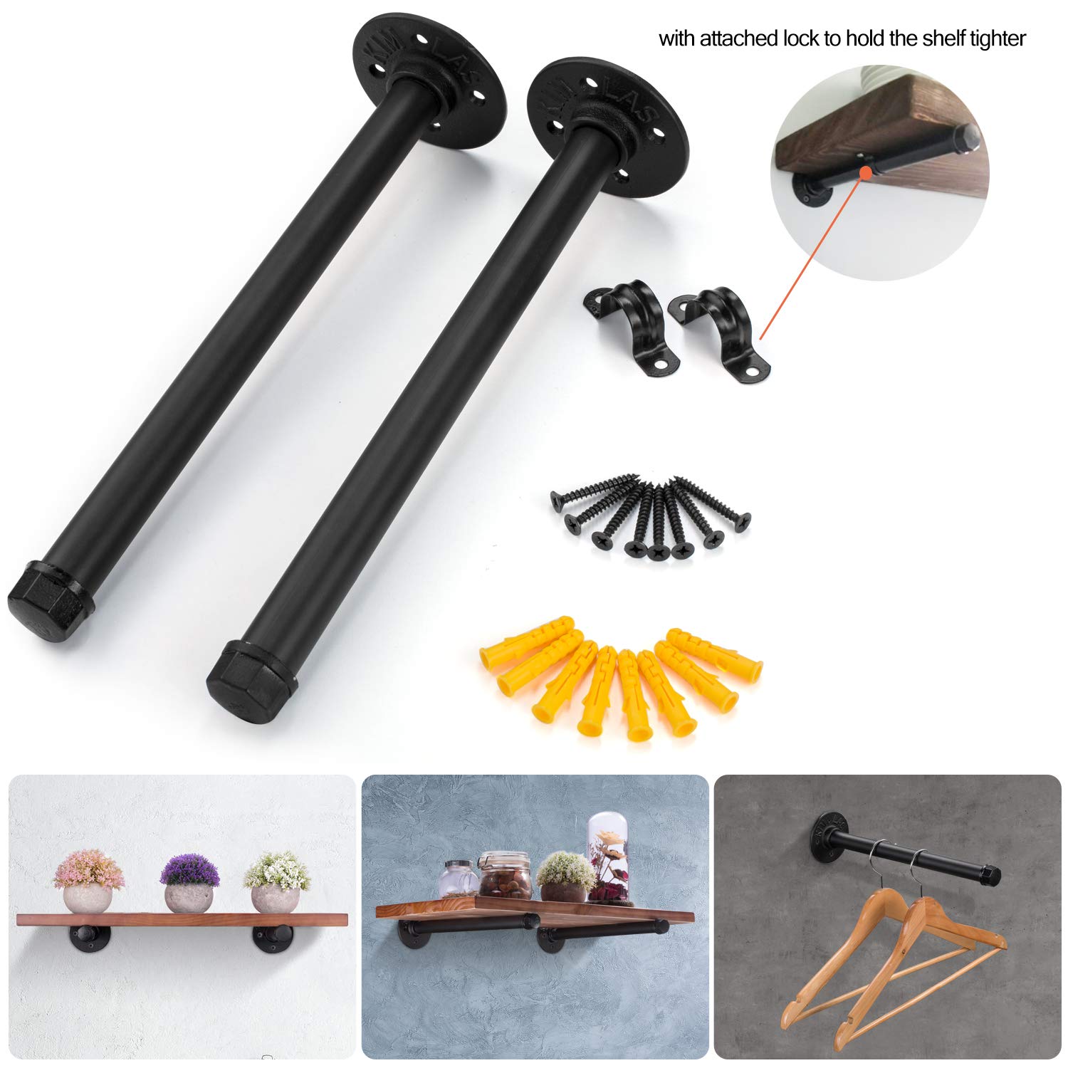 Industrial Black Iron Pipe Shelf Brackets 4 Pack - 13.7 Inch Heavy Duty Wall Mount Brackets for DIY Shelving, Rustic Home Decor - Perfect for Living Room, Kitchen, Bedroom & Office Organization