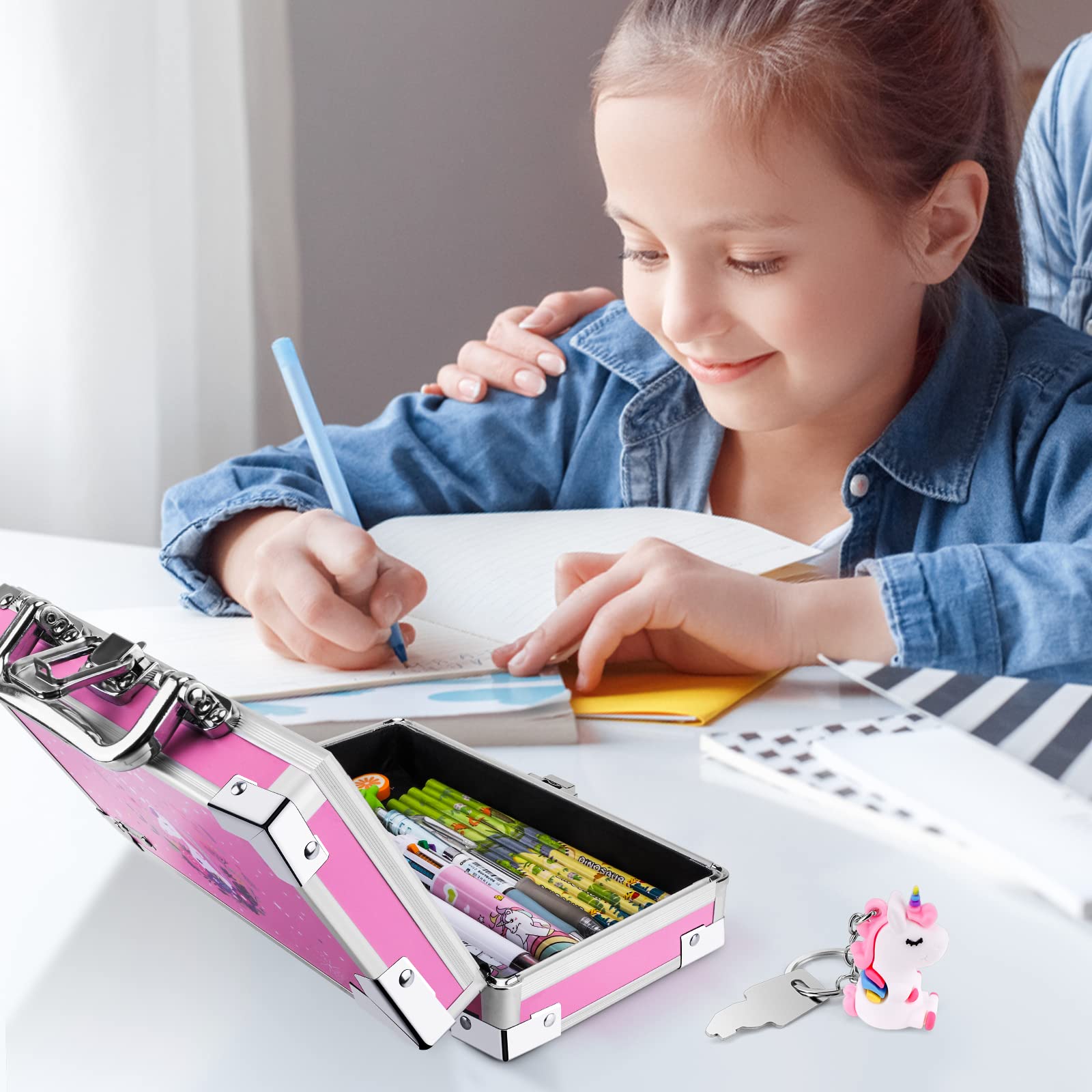 Unicorn Pencil Case for Girls & Boys - Lockable School Supply Box with Portable Handle & Keychain - Cute Pink Unicorn Stationery Organizer - Perfect for Back to School, Classroom, Homework & Travel Gifts
