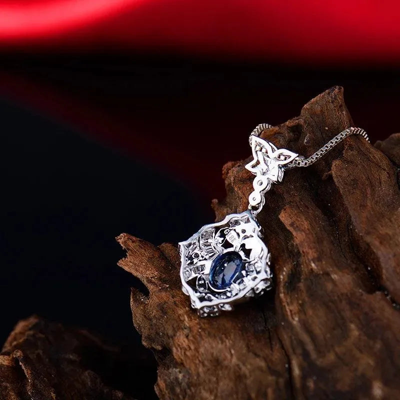 18K White Gold Blue Sapphire Pendant Necklace for Women - Real Natural Sapphire & Diamond Jewelry Gift for Anniversary, Birthday & Special Occasions