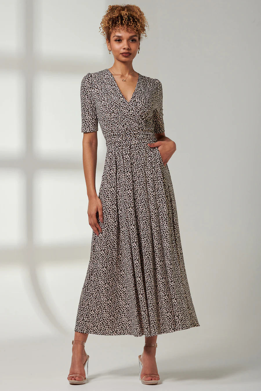 Kenzie Half Sleeve Jersey Maxi Dress - Neutral Animal Print Flowy Beach Dress for Women | Summer Vacation, Boho Chic Outfit, Casual Daywear