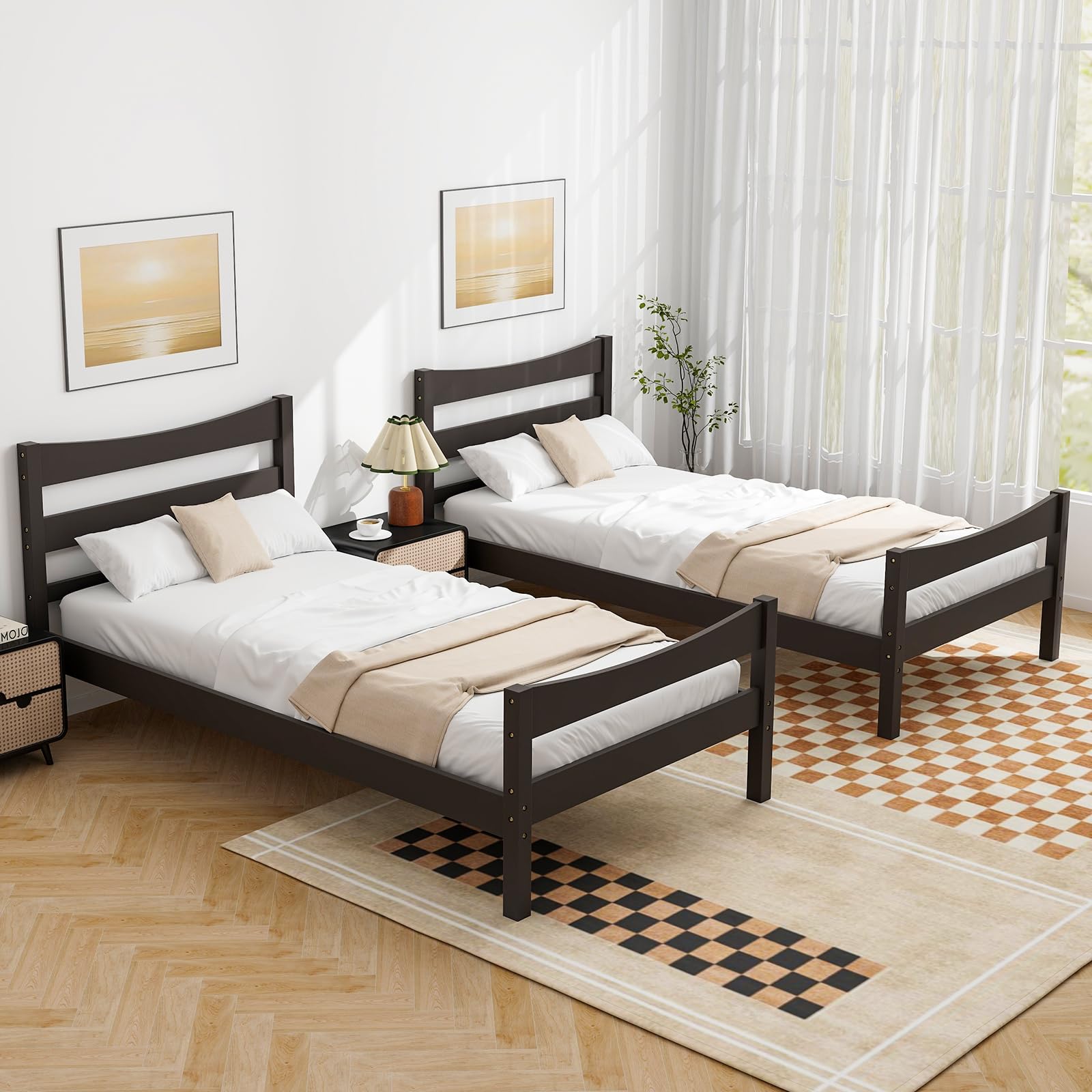 Giantex Solid Wood Twin Size Platform Bed Frame with Headboard & Footboard - Rustic Espresso Finish, No Box Spring Needed, Sturdy Wood Slat Support - Perfect for Kids' Bedroom, Guest Room & Small Spaces