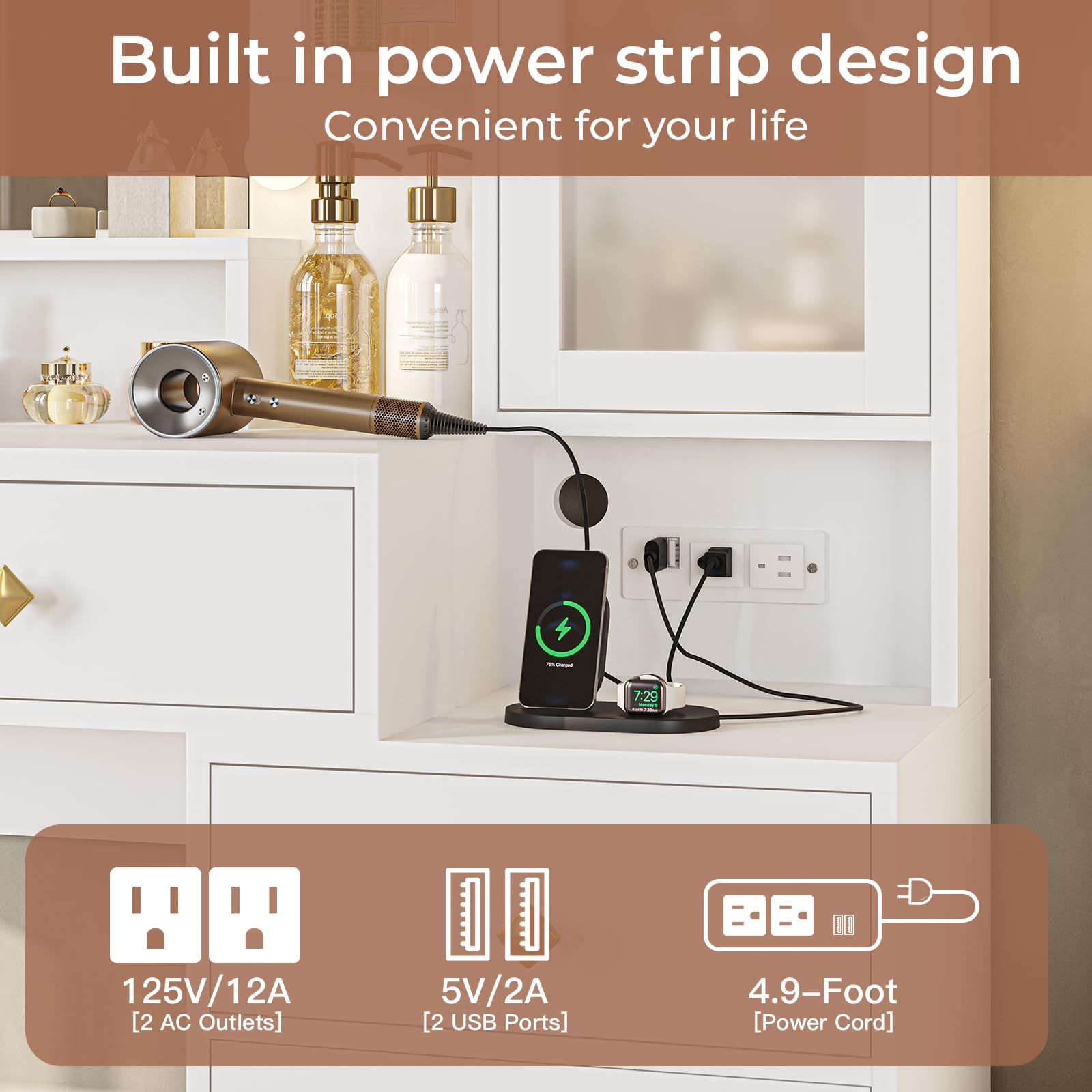 Tiptiper White Makeup Vanity Desk with LED Lights & USB Charging Station - Modern Dressing Table with 5 Drawers, Glass Door & 3 Shelves - Perfect for Bedroom Organization & Beauty Routine
