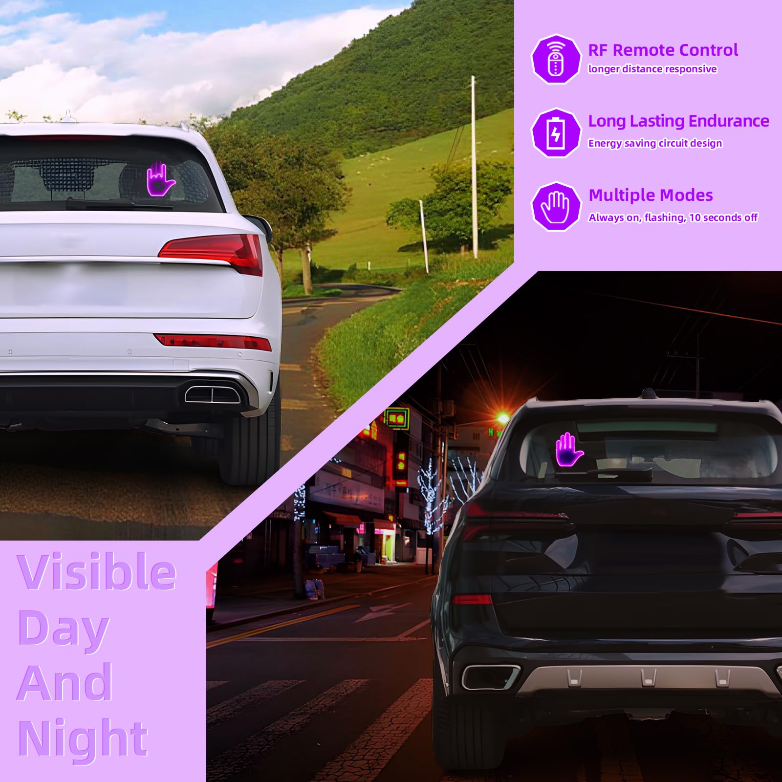LED Hand Gesture Light for Cars - Glow in the Dark Window Sign, Cool Automotive Accessories for Men & Women (Pink/Purple) - Perfect for Night Driving, Road Trips, and Car Enthusiasts