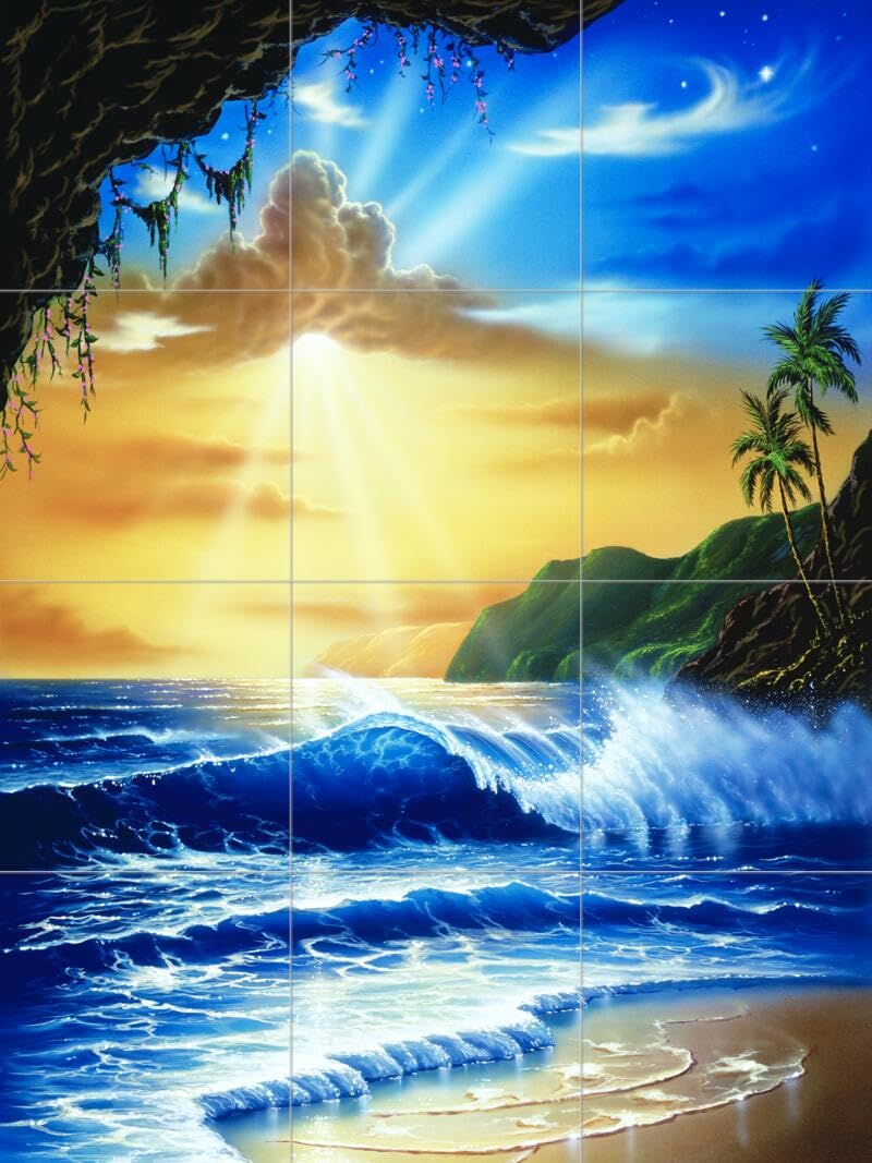 Ceramic Backsplash Tile Mural - Coastal Beach & Ocean Scene for Kitchen, Bathroom & Shower - Handmade Ocean Paradise Art by Jeff Wilkie - Perfect for Coastal, Beach House & Nautical Decor