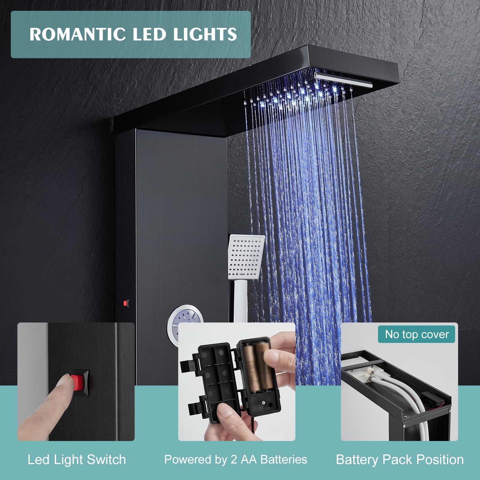 6-in-1 LED Shower Panel Tower System with Rainfall Shower Head, Body Jets & Handheld - Stainless Steel Black Shower Column for Luxury Bathroom Upgrade | Perfect for Modern Homes, Spa Experience & Relaxing Showers