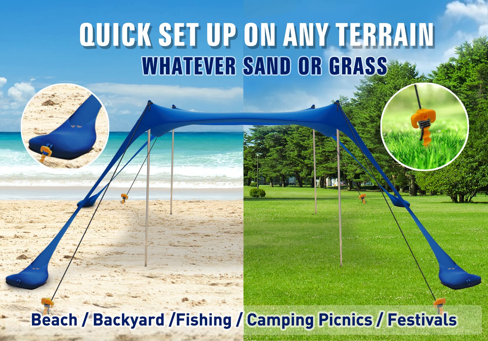 10X10 ft Beach Tent Sun Shelter with Sand Shovel, Tent Stakes & Stability Poles - UPF50+ Sun Shade Canopy for Camping, Fishing, Picnics, Backyard Fun - Perfect for Family Beach Days and Outdoor Adventures