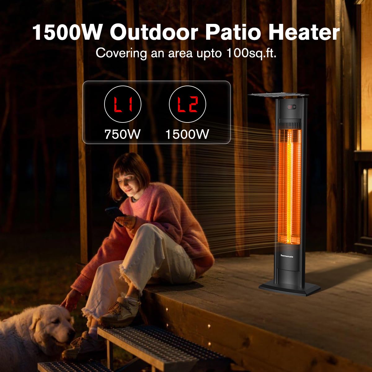 ThermoMate 1500W Portable Infrared Heater - Indoor Outdoor Electric Patio Heater with Remote, Timer & Tip-Over Protection - Perfect for Backyard, Restaurant, Garage & Office Use