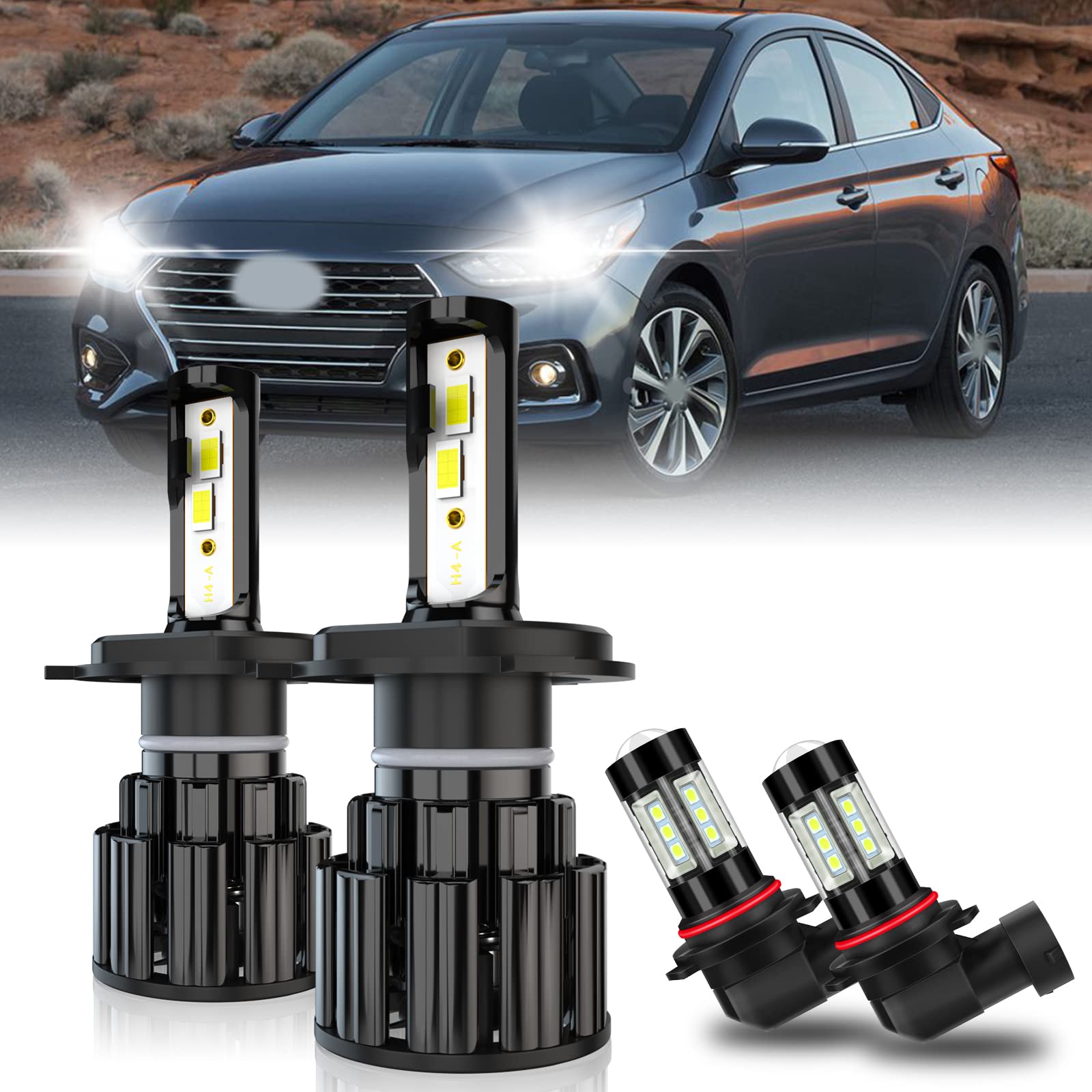 2018-2020 Hyundai Accent LED Headlight Bulbs - H4 9006 High Low Beam & Fog Light Combo, 60W 10000LM 6000K White Super Bright LED Bulbs with CSP Chips (Pack of 4) - Quick Start Plug & Play for Night Driving & Foggy Conditions