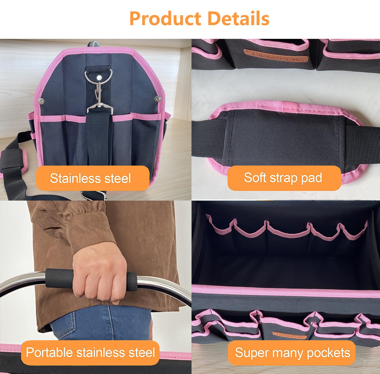 Pink Cleaning Caddy Organizer with Handle - Portable Storage for Cleaning Supplies, Housekeeping & Car Detailing - Durable Cleaning Caddy Bag for Home, Office & Travel (Pink Trim)